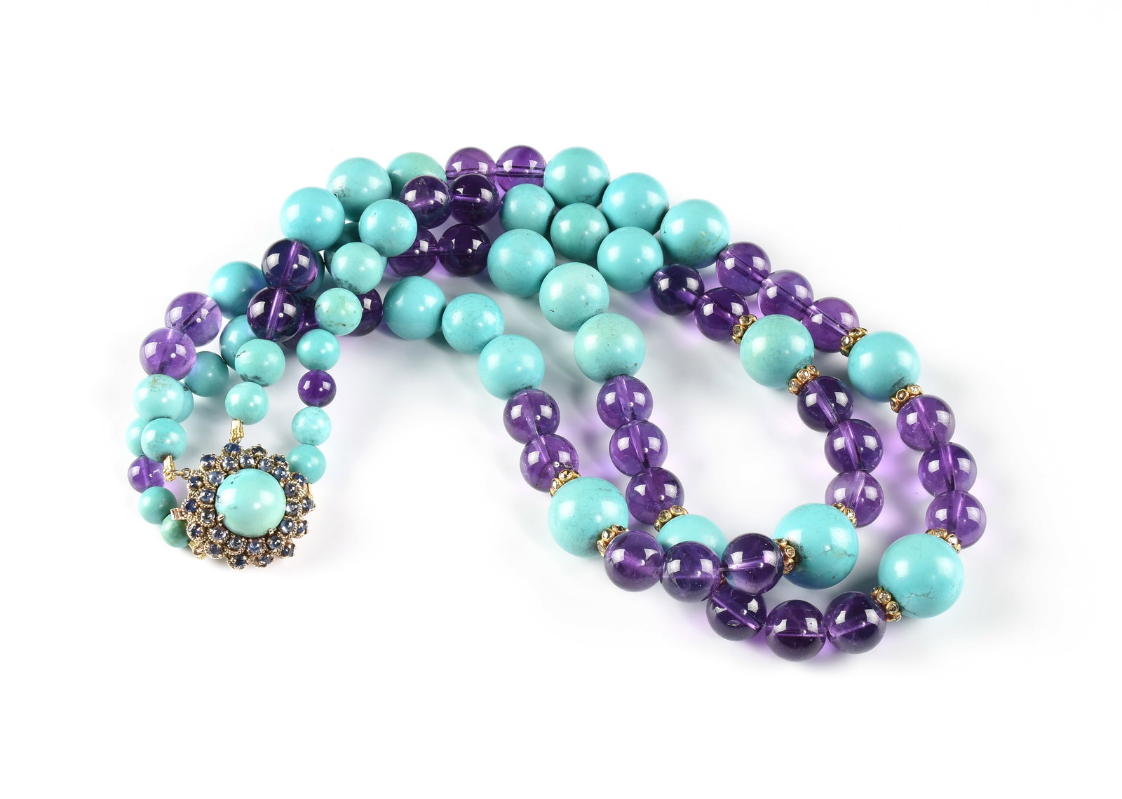 A 14K GOLD, AMETHYST, TURQUOISE, DIAMOND, AND SAPPHIRE NECKLACE,: A 14K GOLD, AMETHYST, TURQUOISE, DIAMOND, AND SAPPHIRE NECKLACE, 14k yellow gold beaded necklace, strung with round amethyst and turquoise beads, as well as gold roundels surrounded with melee
