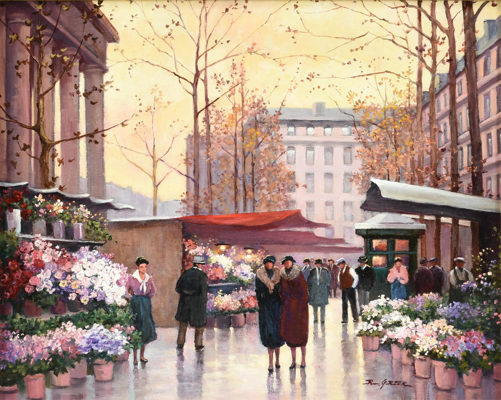 RUTH GREER (American/Texas 1936-2004) Flower Market, Paris, 20TH CENTURY,: RUTH GREER (American/Texas 1936-2004) Flower Market, Paris, 20TH CENTURY, oil on canvas, signed lower right, "R. Greer." 16 x 20 in. (40.6 x 50.8 cm.), Frame: 24 3/4 x 28 3/4 in. (62.9 x 73 cm.)