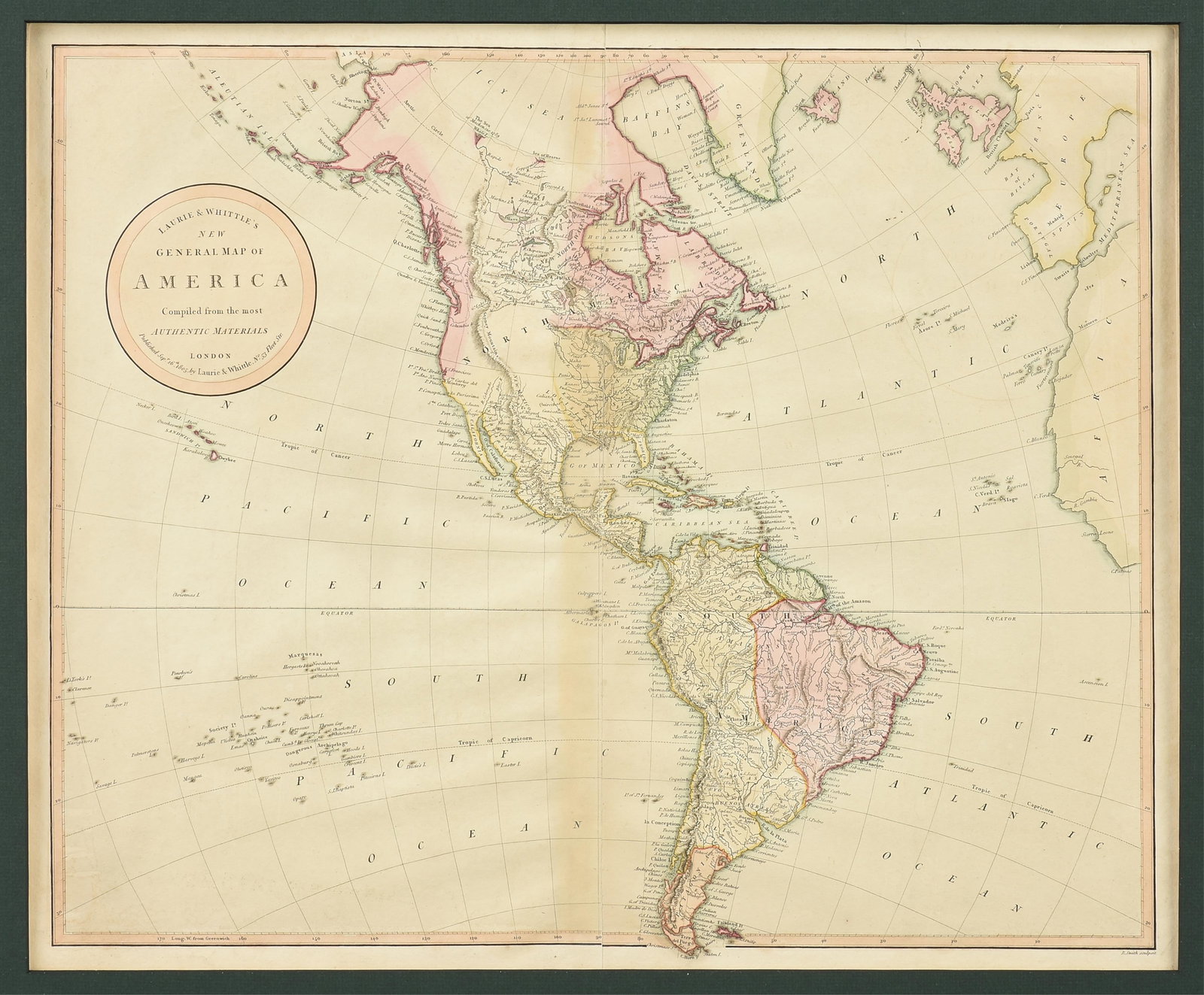 LAURIE & WHITTLE'S NEW GENERAL MAP OF AMERICA, BRITISH, CIRCA 1805,: LAURIE & WHITTLE'S NEW GENERAL MAP OF AMERICA, BRITISH, CIRCA 1805, engraving on paper, first published by Laurie & Whittle, London, September 16, 1805, engraved by Benjamin Smith (1754-1833). 19 1/2 