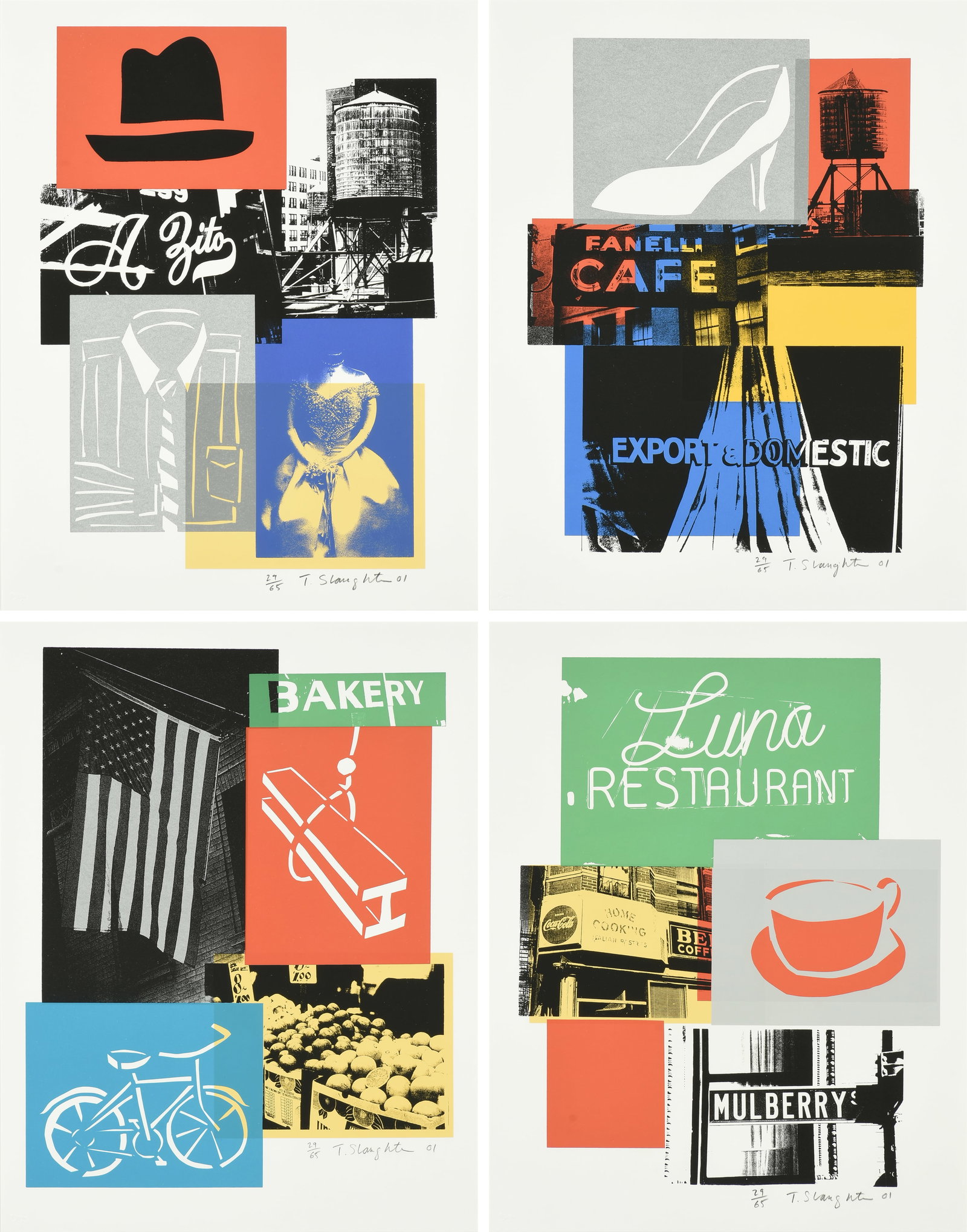 TOM SLAUGHTER (American 1955-2014) FOUR PRINTS, The Old Neighborhood Series, 2001,: TOM SLAUGHTER (American 1955-2014) FOUR PRINTS, The Old Neighborhood Series, 2001, color screenprints on paper, each numbered, signed, and dated in pencil L/R, "29/65 T. Slaughter 01," framed separate