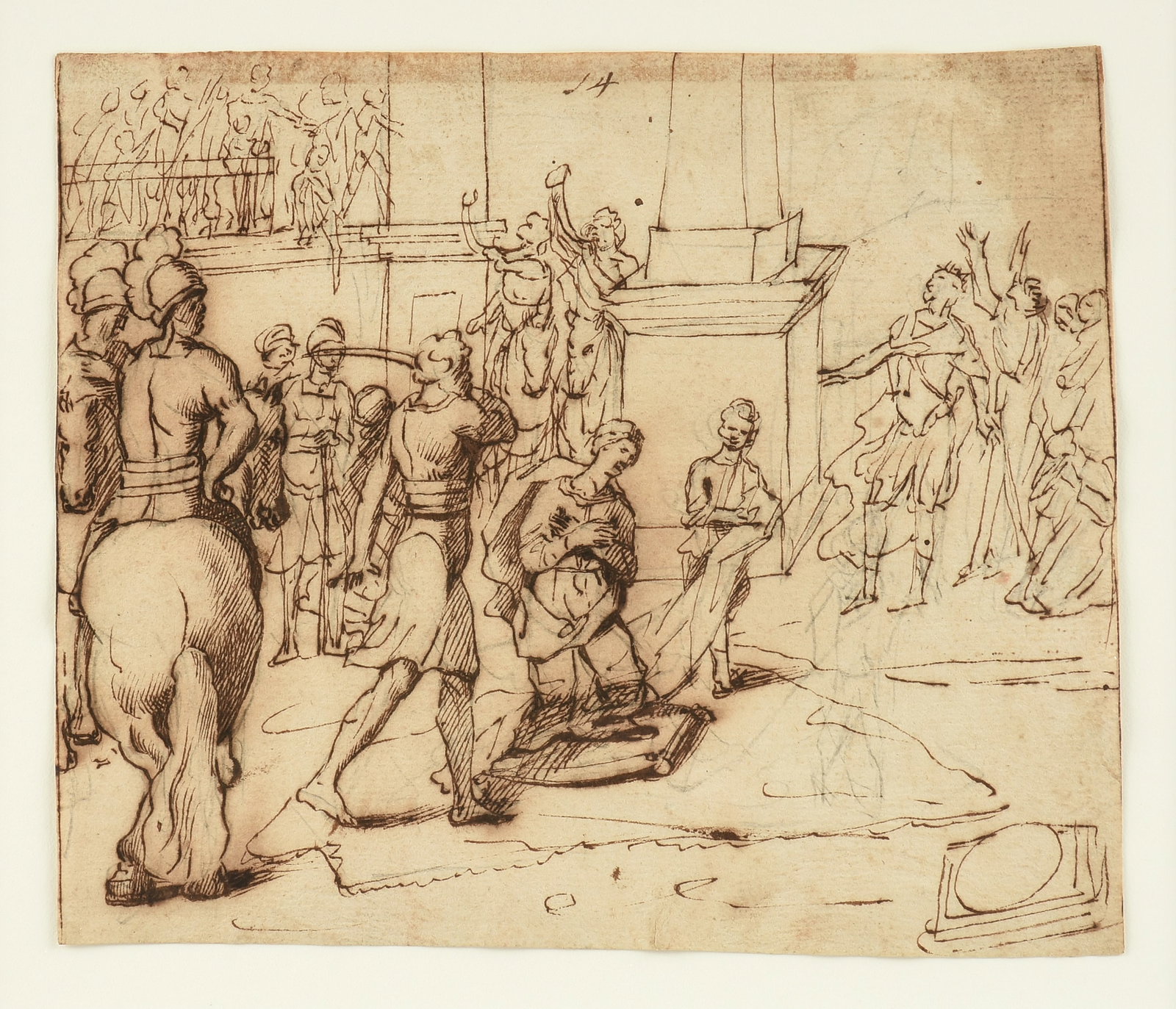 ITALIAN SCHOOL Beheading of a Female Saint, 17TH/18TH CENTURY,: ITALIAN SCHOOL Beheading of a Female Saint, 17TH/18TH CENTURY, brown ink on laid paper with graphite pentimenti. 6 5/8 x 8 in. (16.8 x 20.3 cm.), Frame: 13 1/2 x 16 1/2 in. (34.3 x 41.9 cm.) Provenanc