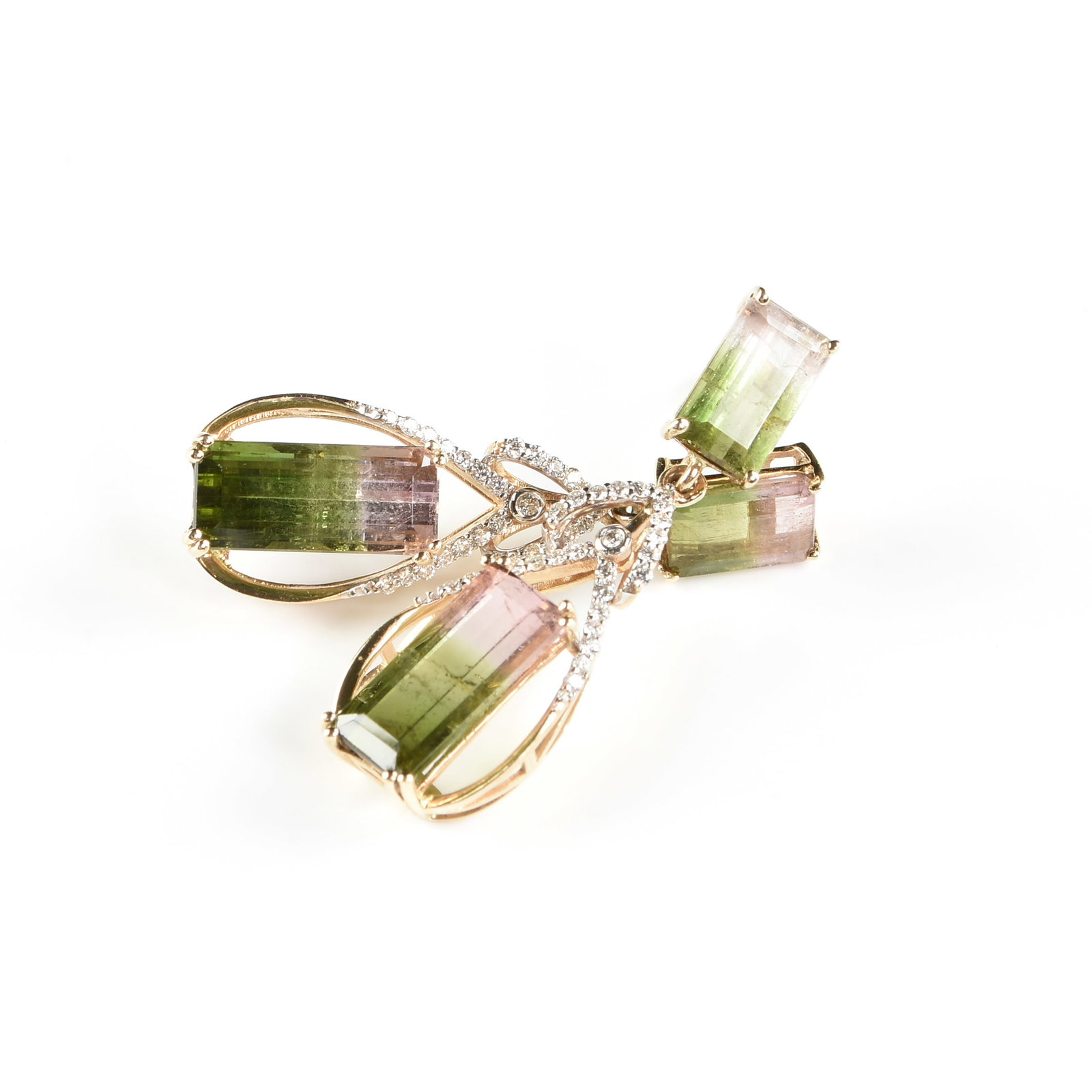 A PAIR OF 14K GOLD, TOURMALINE, AND DIAMOND EARRINGS,: A PAIR OF 14K GOLD, TOURMALINE, AND DIAMOND EARRINGS, 14k yellow gold drop earrings with posts and screw backs, each set with two emerald cut bi-color watermelon tourmaline stones (approx. 9.4 ct tota
