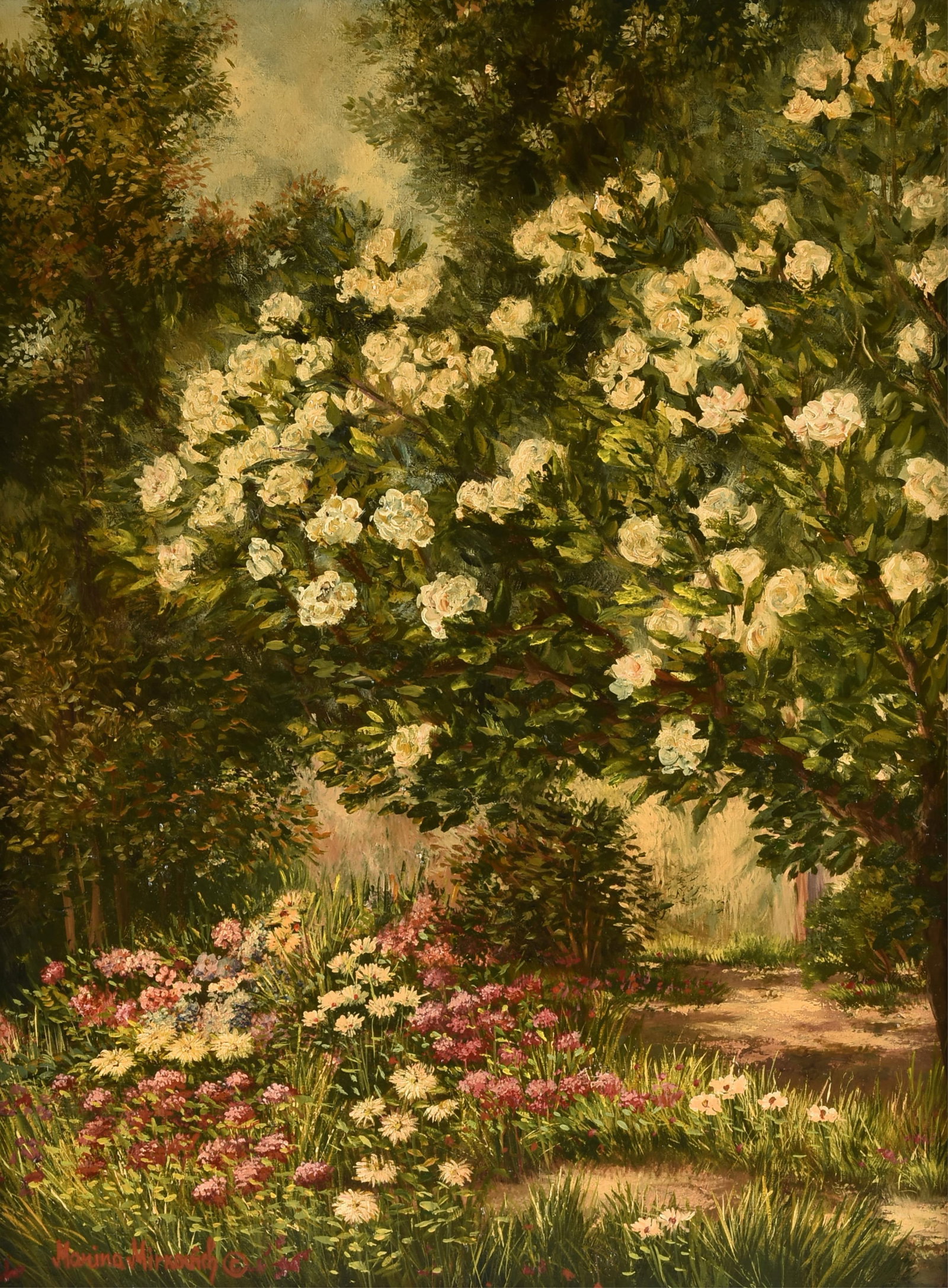 MARINA MIRKOVICH (Serbian/American b. 1985) Flowers in the Garden (Untitled), 21ST CENTURY,: MARINA MIRKOVICH (Serbian/American b. 1985) Flowers in the Garden (Untitled), 21ST CENTURY, oil on canvas, signed lower left, "Marina Mirkovich ©." 39 3/4 x 30 in. (101 x 76.2 cm.), Frame: 50 1/2