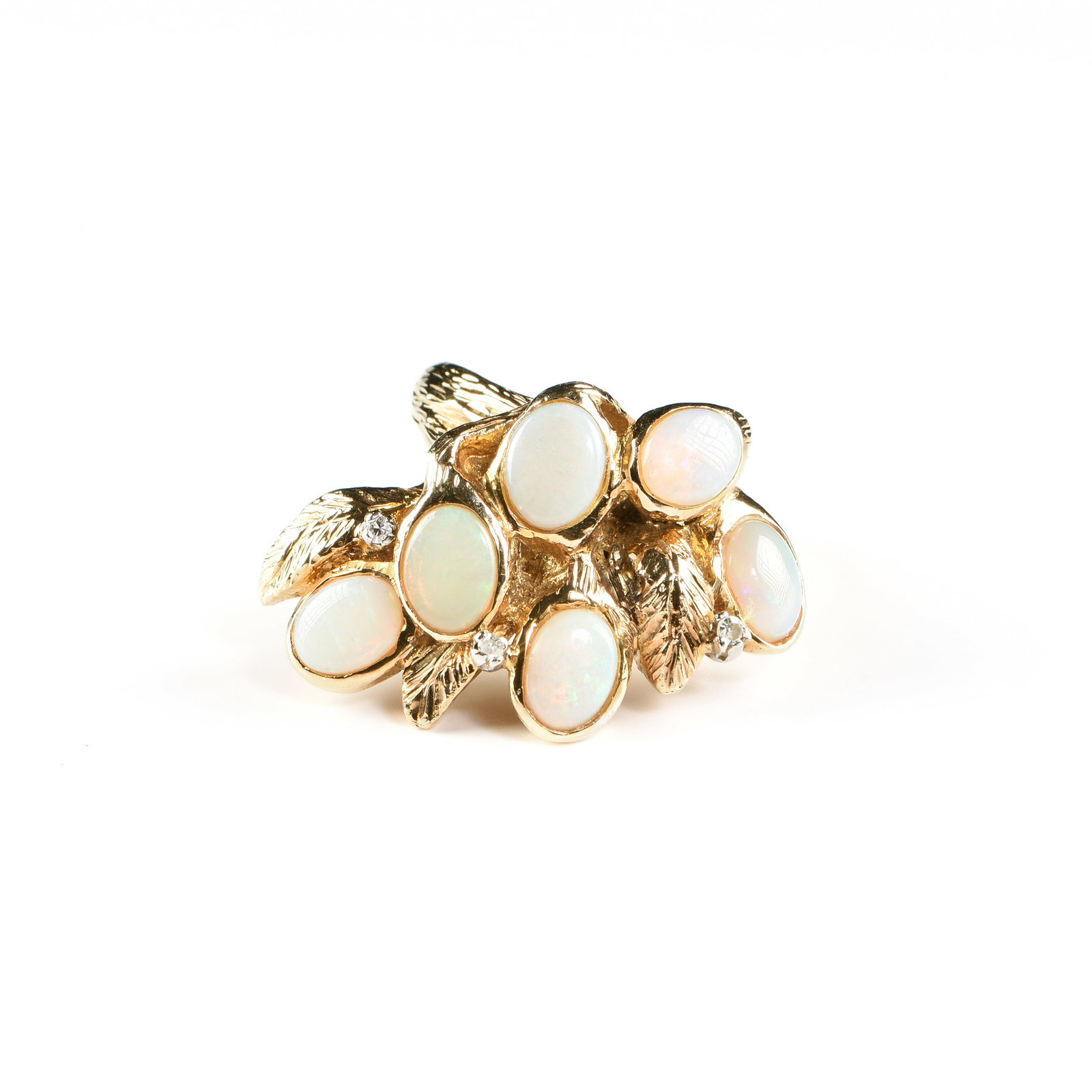 AN 18K GOLD, OPAL, AND DIAMOND CLUSTER RING,: AN 18K GOLD, OPAL, AND DIAMOND CLUSTER RING, 18k yellow gold ring set with six oval opals (approx. 6 x 8 mm) and three round melee diamonds (approx. 1-2 mm), marked, "18K." Total approximate weight: 2