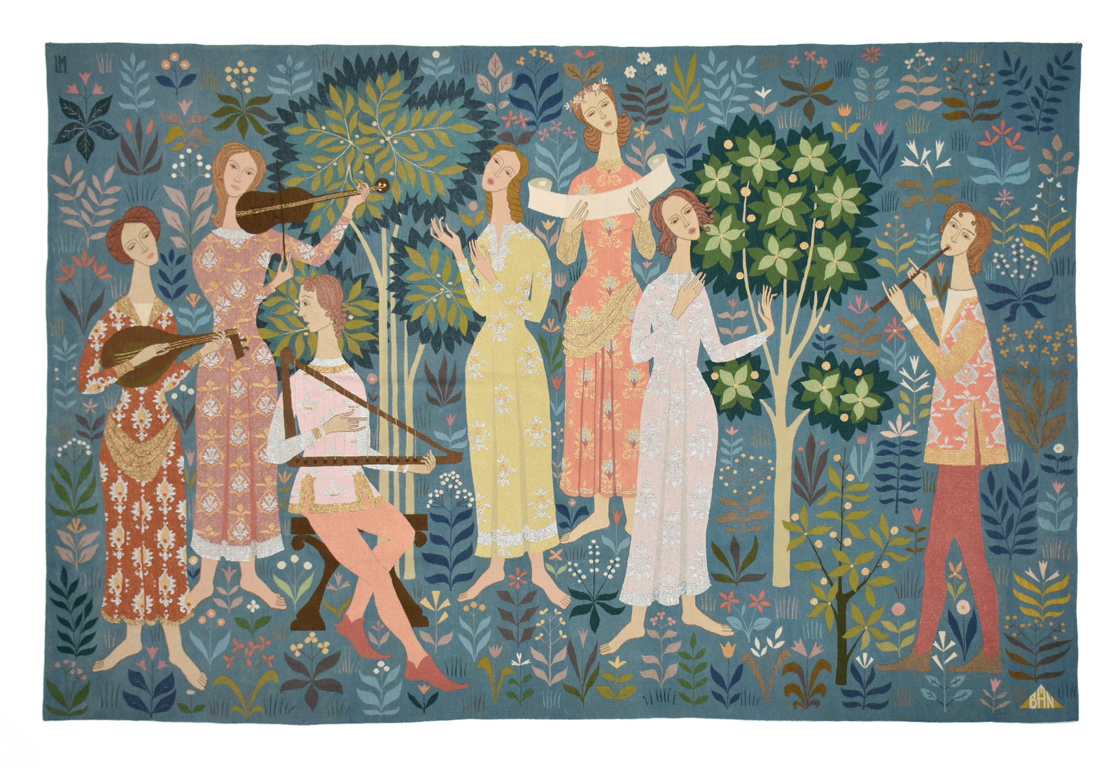 ISTVÁN BÁN (Hungarian 1922-1984) Minstrels in the Garden (Untitled), CIRCA 1960s,: ISTVÁN BÁN (Hungarian 1922-1984) Minstrels in the Garden (Untitled), CIRCA 1960s, woven wool and synthetic tapestry, partially backed along border, and signed at lower right, "BAN," marked i