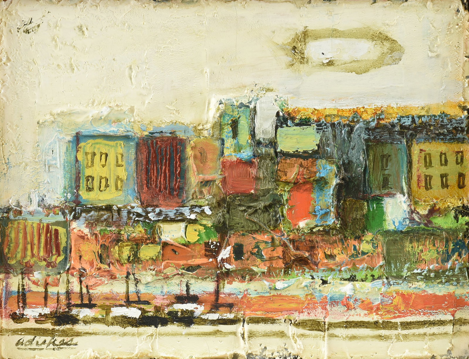 DAVID ADICKES (American/Texas 1927-2025) Port with Cloud, CIRCA 1970,: DAVID ADICKES (American/Texas 1927-2025) Port with Cloud, CIRCA 1970, oil on board, signed lower left, "Adickes," with Dubose Gallery label on back. 7 x 9 in. (17.8 x 22.9 cm.), Frame: 12 5/8 x 14 5/8