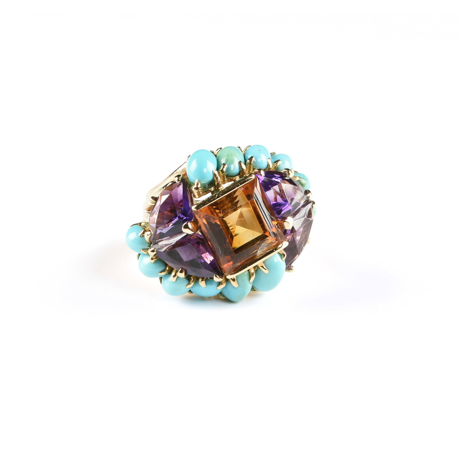 AN 18K GOLD, CITRINE, AMETHYST, AND TURQUOISE RING, (1 of 4)