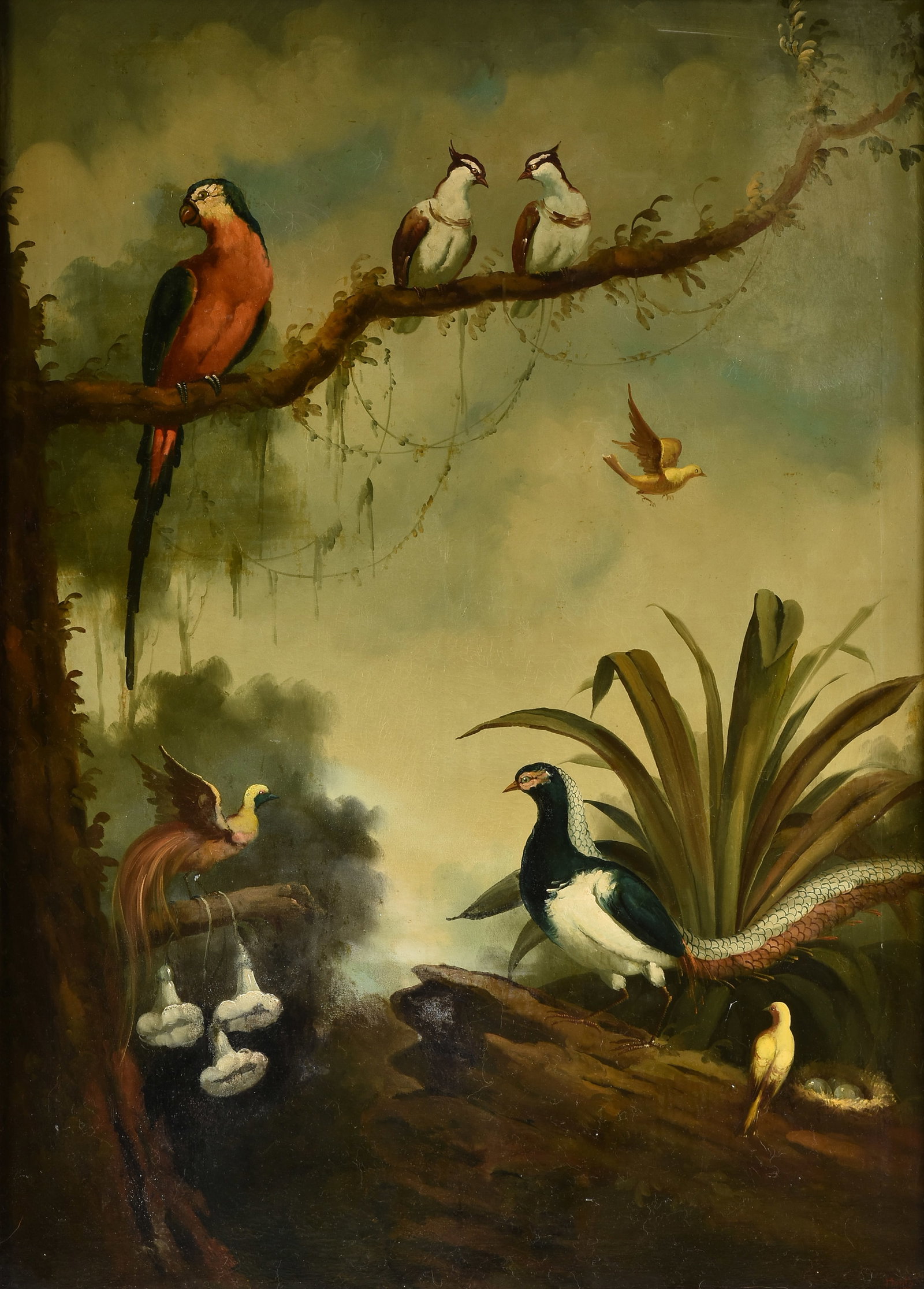 IRA MONTE (Spanish b. 1918) Tropical Birds (Untitled), 20TH CENTURY,: IRA MONTE (Spanish b. 1918) Tropical Birds (Untitled), 20TH CENTURY, oil on canvas, signed lower right, "Monte." 54 1/4 x 39 1/4 in. (137.8 x 99.7 cm.), Frame: 62 1/2 x 47 1/2 in. (158.8 x 120.7 cm.) 