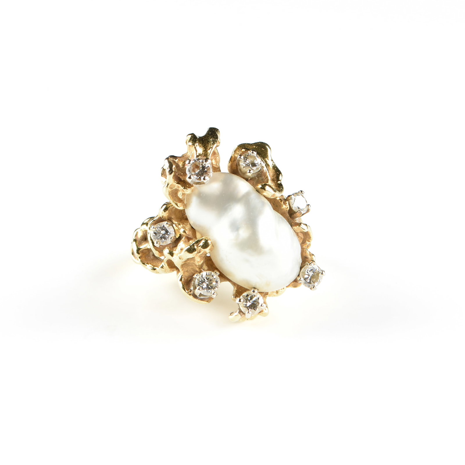 AN 18K GOLD, BAROQUE PEARL, AND DIAMOND RING, 4. Baroque Pearl Diamond Accent Ring: AN 18K GOLD, BAROQUE PEARL, AND DIAMOND RING, 4. Baroque Pearl Diamond Accent Ring 18k yellow gold ring set with a baroque pearl (approx. 17 x 10 mm) surrounded by seven round brilliant cut diamonds (