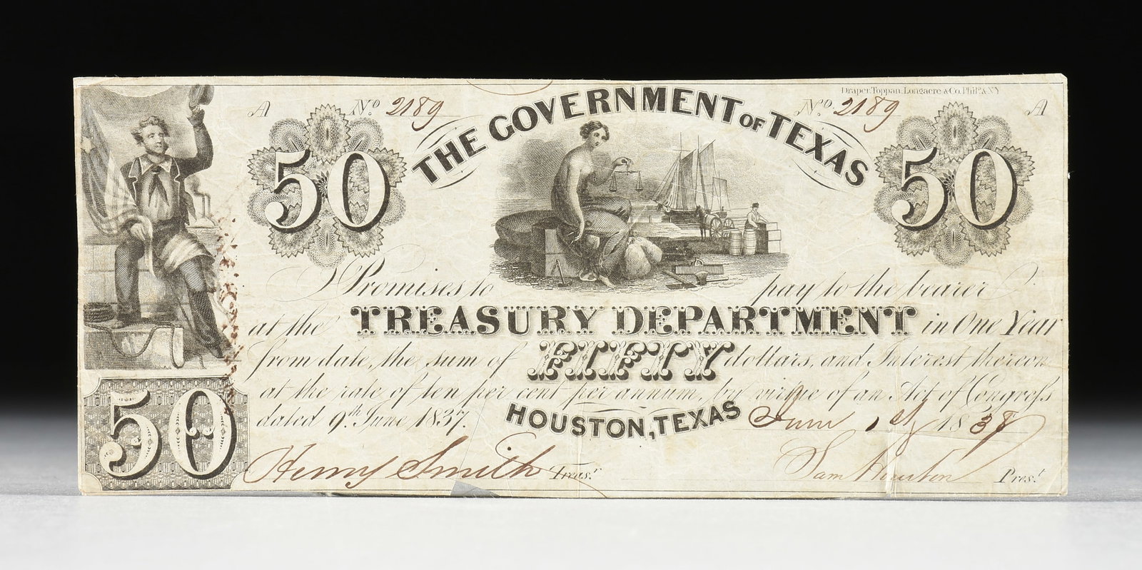 SAM HOUSTON, SIGNED, $50 GOVERNMENT OF TEXAS TREASURY PROMISSORY NOTE, HOUSTON, JUNE 1, 1838 (1 of 2)