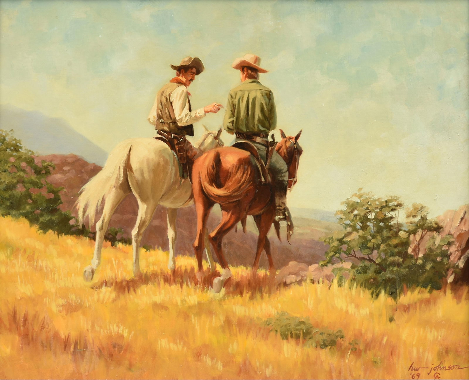HARVEY WILLIAM JOHNSON (American 1921-2005) Cowboys on the Hilltop, 1969,: HARVEY WILLIAM JOHNSON (American 1921-2005) Cowboys on the Hilltop, 1969, oil on board, signed and dated L/R, "hw johnson / '69 CA. 23 1/2 x 29 1/2 in. (59.7 x 74.9 cm.), Frame: 33 x 39 in. (83.8 x 99