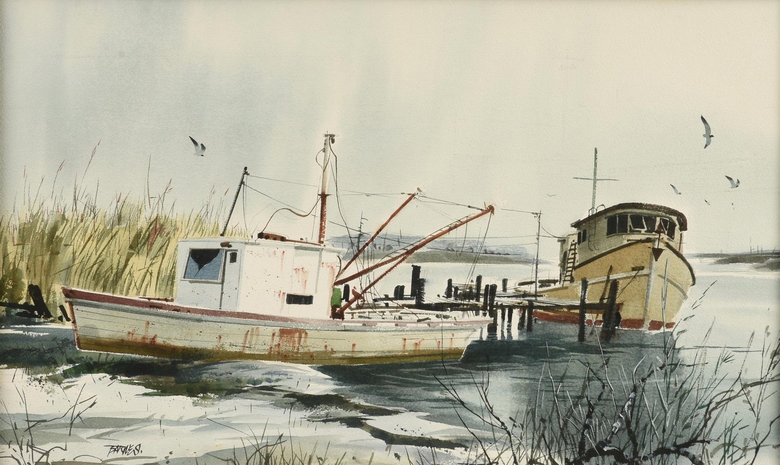 AL BARNES (American/Texas 1937-2015) Two Boats Tied to a Pier, CIRCA 1970,: AL BARNES (American/Texas 1937-2015) Two Boats Tied to a Pier, CIRCA 1970, watercolor on paper, signed lower left, "Barnes." 16 1/2 x 27 3/4 in. (41.9 x 70.5 cm.), Frame: 25 3/4 x 36 1/4 in. (65.4 x 9