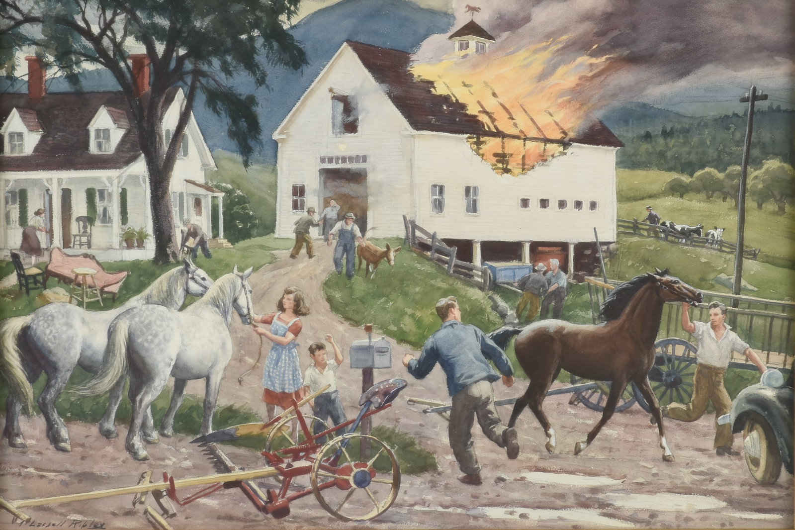 AIDEN LASSELL RIPLEY (American 1896-1969) Barn Fire, 20TH CENTURY,: AIDEN LASSELL RIPLEY (American 1896-1969) Barn Fire, 20TH CENTURY, watercolor on paper, signed lower left, "A. Lassell Ripley." 19 1/2 x 28 1/2 in. (49.5 x 72.4 cm.), Frame: 29 x 37 3/4 in. (73.7 x 95