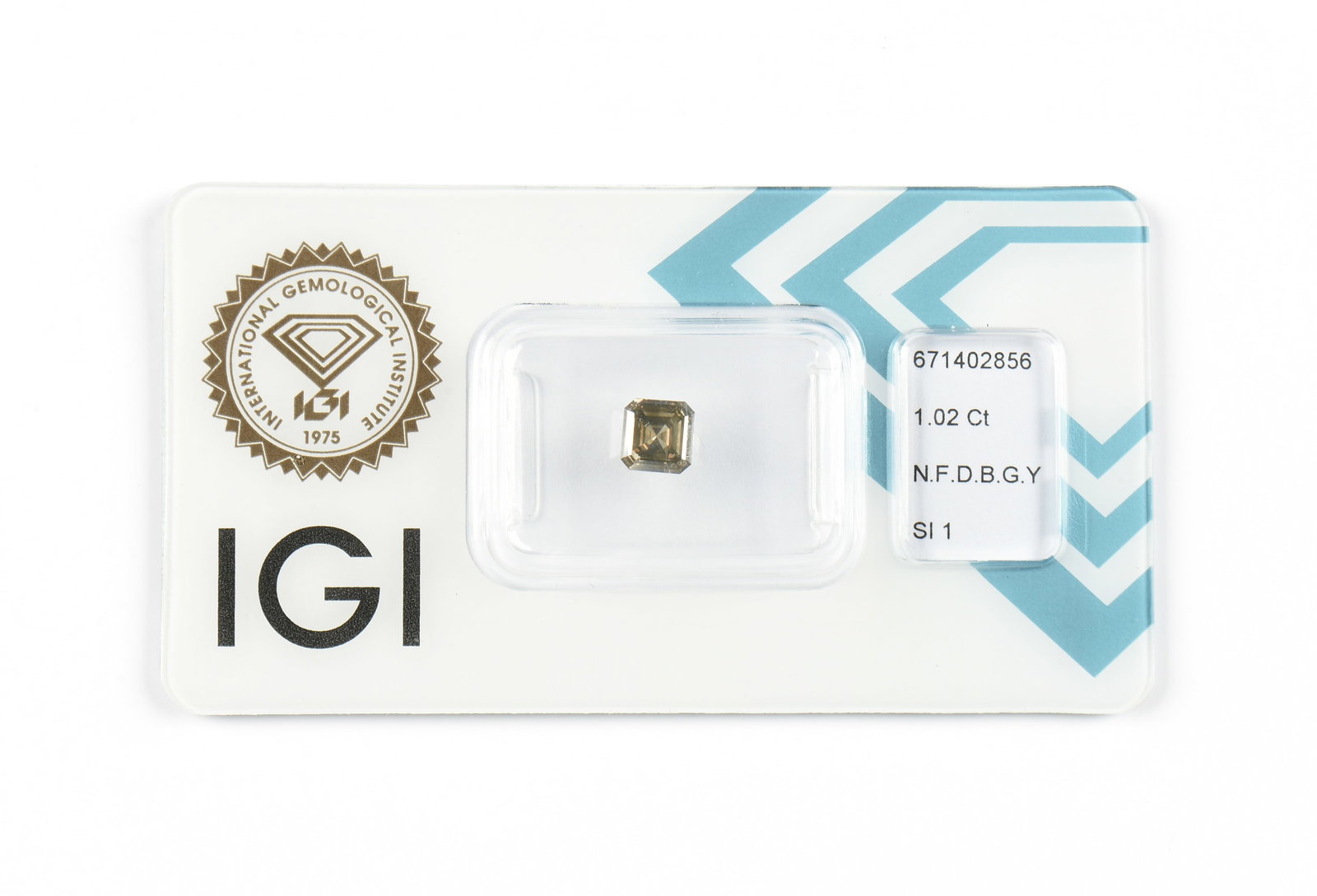 A 1.02 CARAT SQUARE FANCY BROWN DIAMOND,: A 1.02 CARAT SQUARE FANCY BROWN DIAMOND, loose 1.02 ct. square emerald cut diamond with a fancy deep brownish greenish yellow coloration (SI1), measuring approximately 5.39 x 5.31 mm, together with an