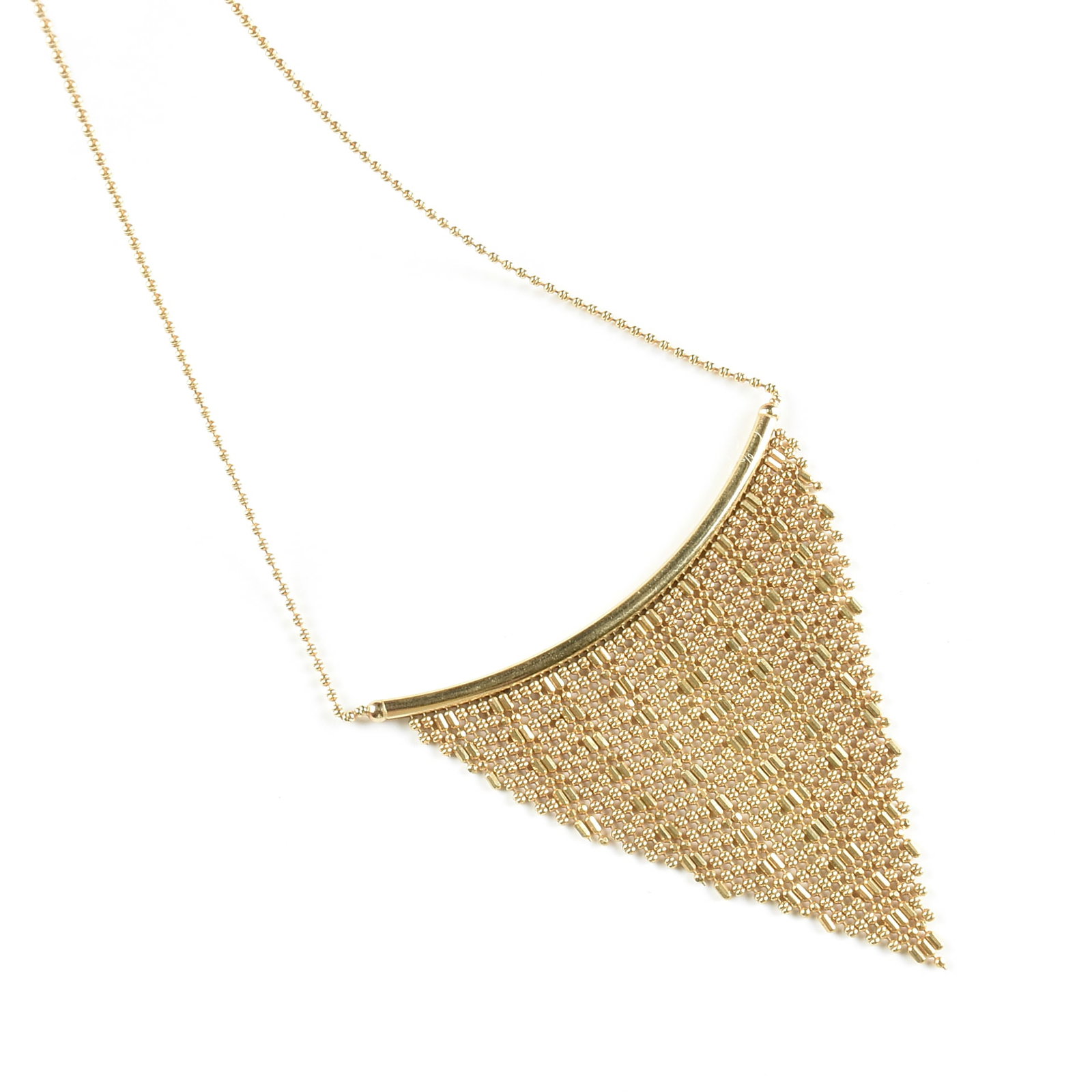 A 14K GOLD BEADED FRINGE NECKLACE, ITALIAN,: A 14K GOLD BEADED FRINGE NECKLACE, ITALIAN, 14k yellow gold ball chain necklace with beaded fringe extending from an arced bar, and with a lobster clasp, marked, "585 14KT ITALY." Total approximate we