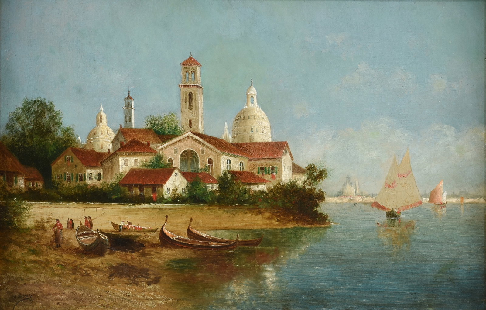 WESLEY ELBRIDGE WEBBER (American 1841-1914) View from outside Venice (Untitled), 1894,: WESLEY ELBRIDGE WEBBER (American 1841-1914) View from outside Venice (Untitled), 1894, oil on canvas, signed and dated lower left, "W. Webber / 94." 22 x 34 in. (55.9 x 86.4 cm.), Frame: 33 x 45 in. (