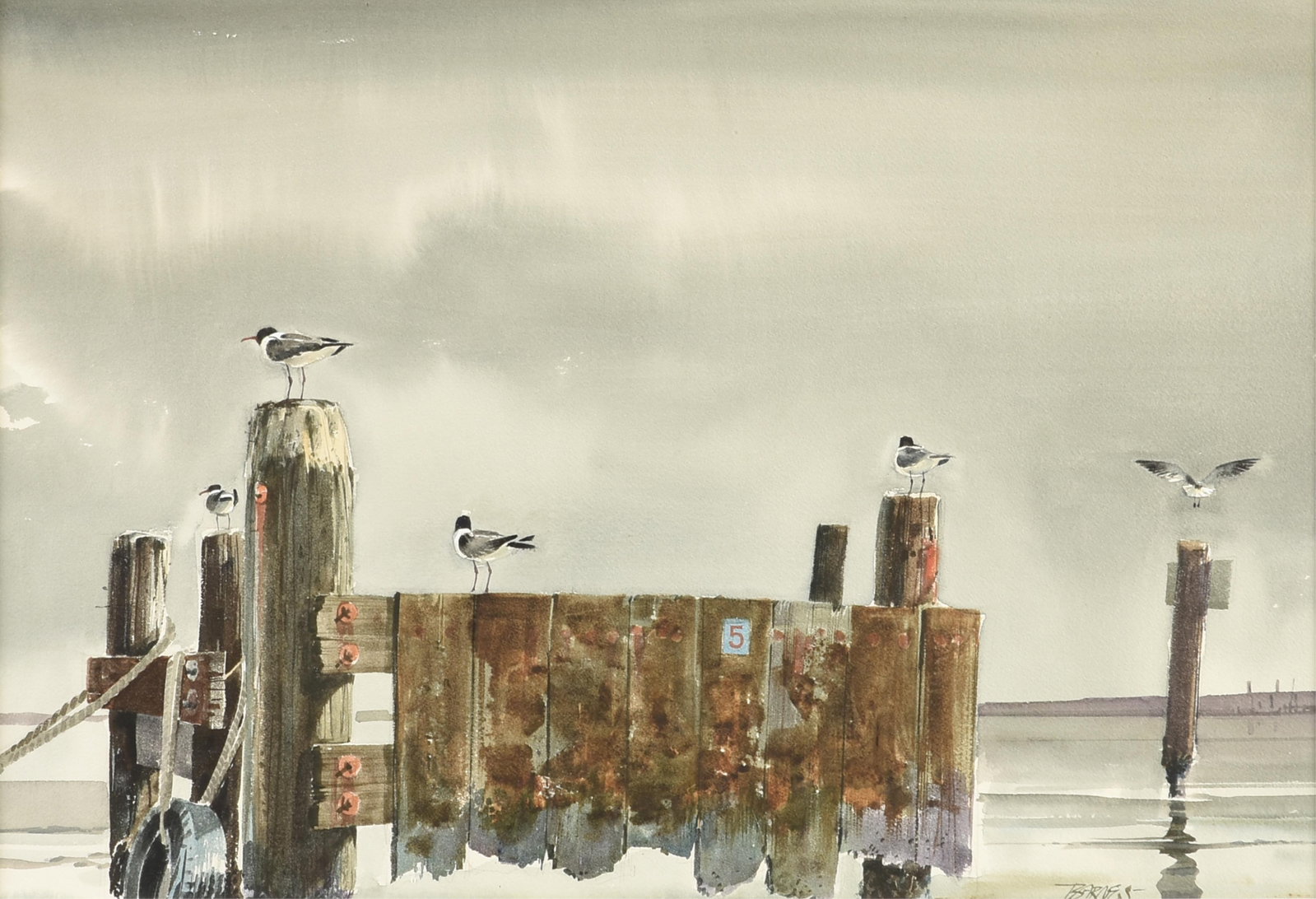 AL BARNES (American/Texas 1937-2015) Gulls on Pylons, CIRCA 1970,: AL BARNES (American/Texas 1937-2015) Gulls on Pylons, CIRCA 1970, watercolor on paper, signed lower right, "Barnes." 17 3/4 x 25 1/2 in. (45.1 x 64.8 cm.), Frame: 26 3/4 x 34 1/4 in. (67.9 x 87 cm.) P