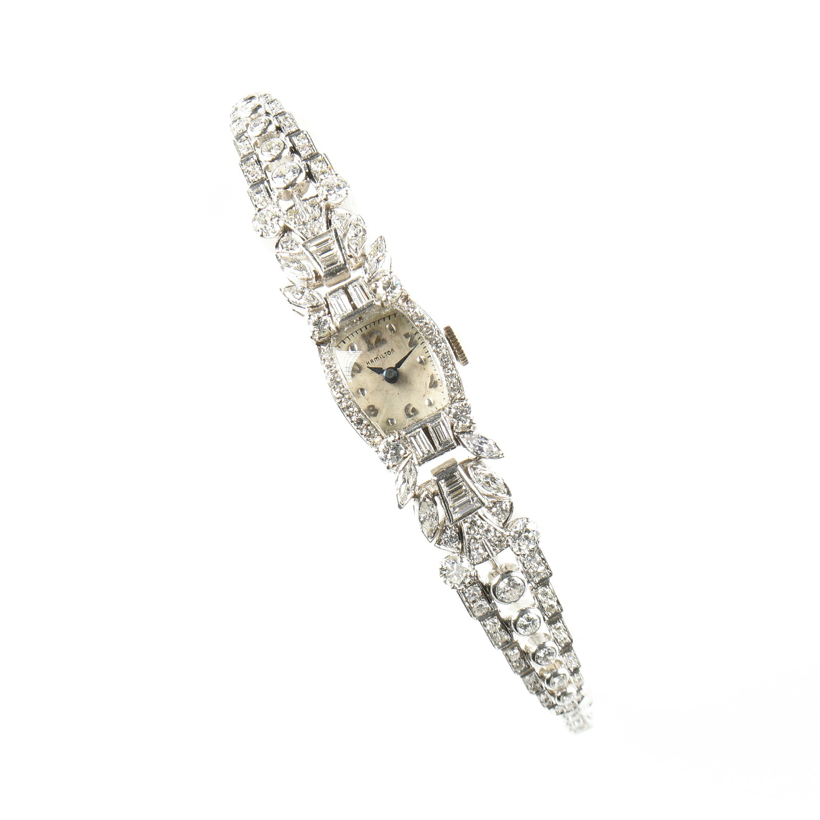 A HAMILTON PLATINUM AND DIAMOND WATCH, (1 of 4)