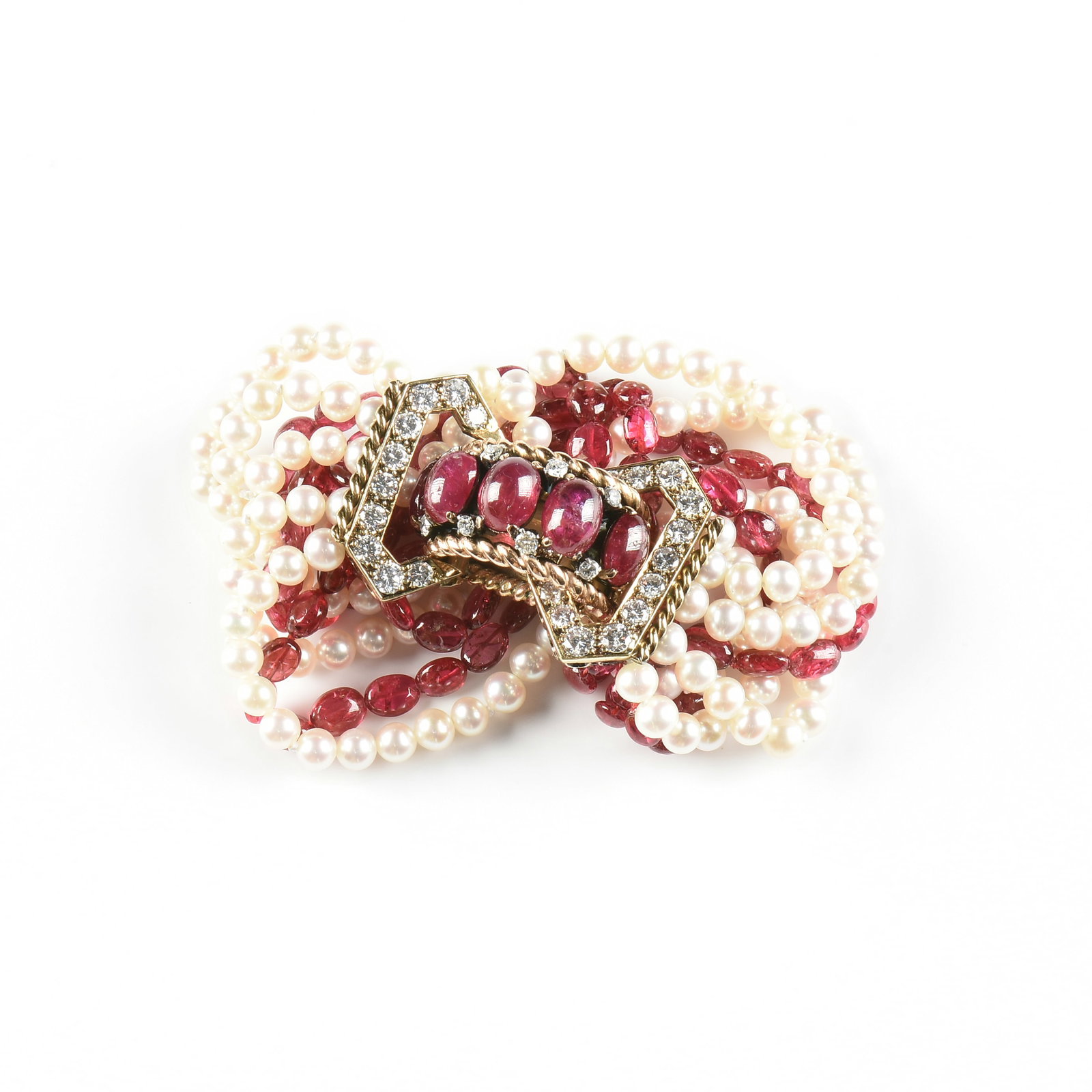 AN ART DECO GOLD, RUBY, PEARL, AND DIAMOND BRACELET, FRENCH, 20TH CENTURY, (1 of 4)