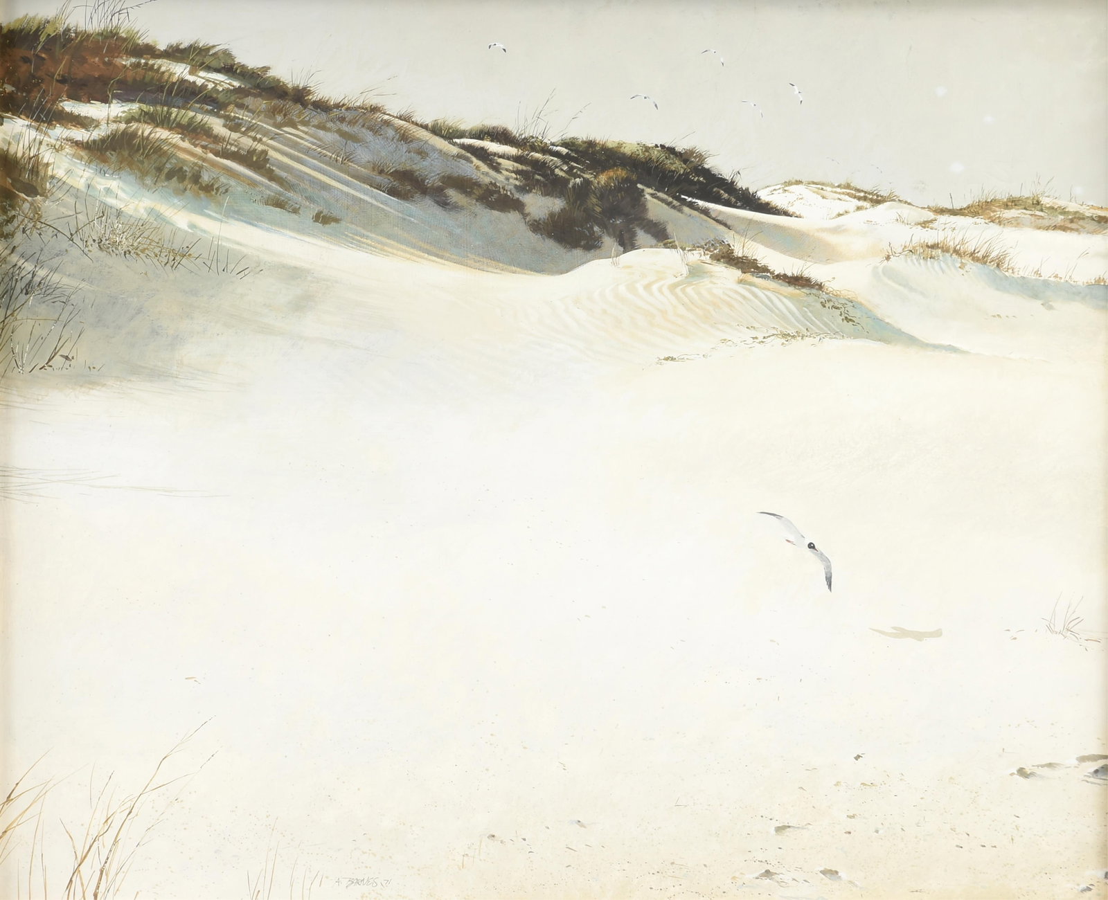 AL BARNES (American/Texas 1937-2015) Dunes, 1971,: AL BARNES (American/Texas 1937-2015) Dunes, 1971, oil on masonite, signed and dated lower left, "A.BARNES,71." 26 x 32 in. (66 x 81.3 cm.), Frame: 31 x 36 1/2 in. (78.7 x 92.7 cm.) Provenance: Propert