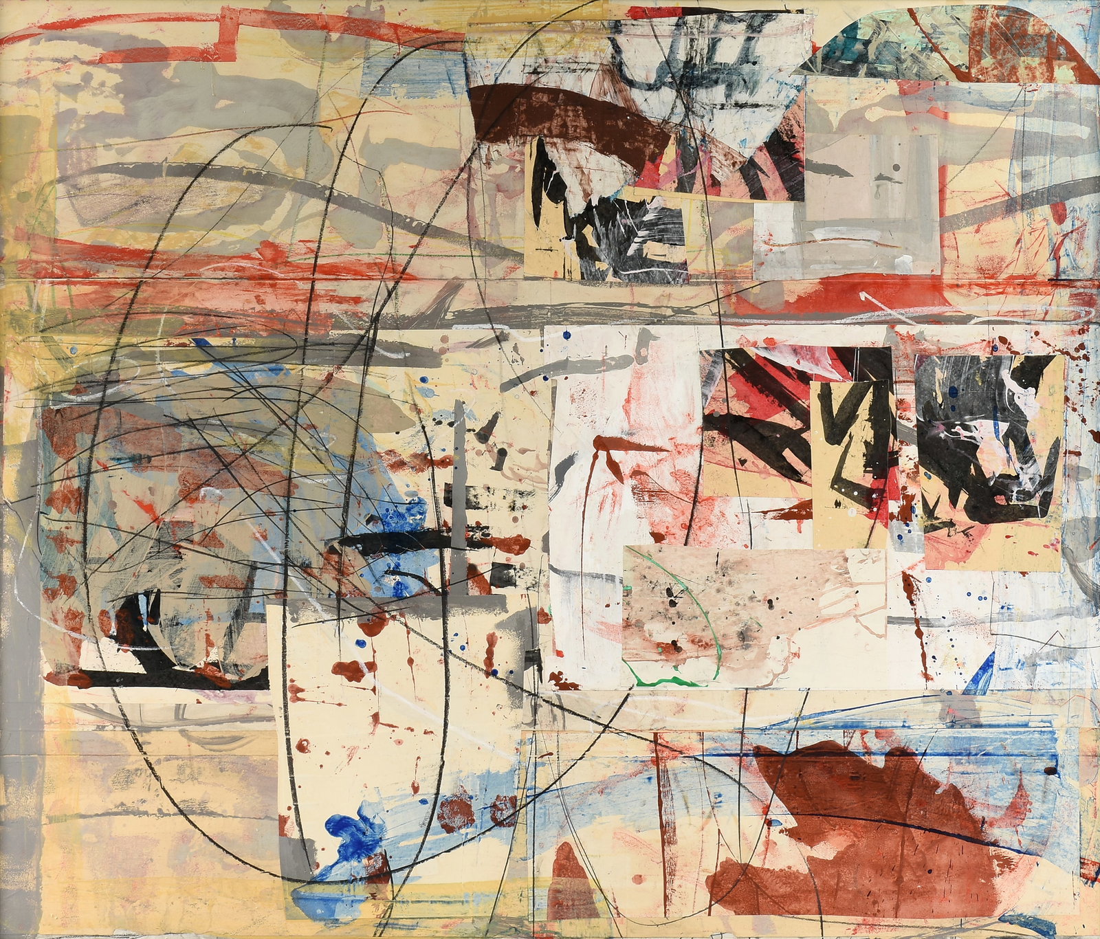 JEFF WENZEL (American b. 1959) Plexus, 2002,: JEFF WENZEL (American b. 1959) Plexus, 2002, mixed media with collage on panel, marked on reverse, "Jeff Wenel [sic] / 'Plexus' 2002." 60 x 70 1/2 in. (152.4 x 179.1 cm.), Frame: 63 x 73 1/2 in. (160 
