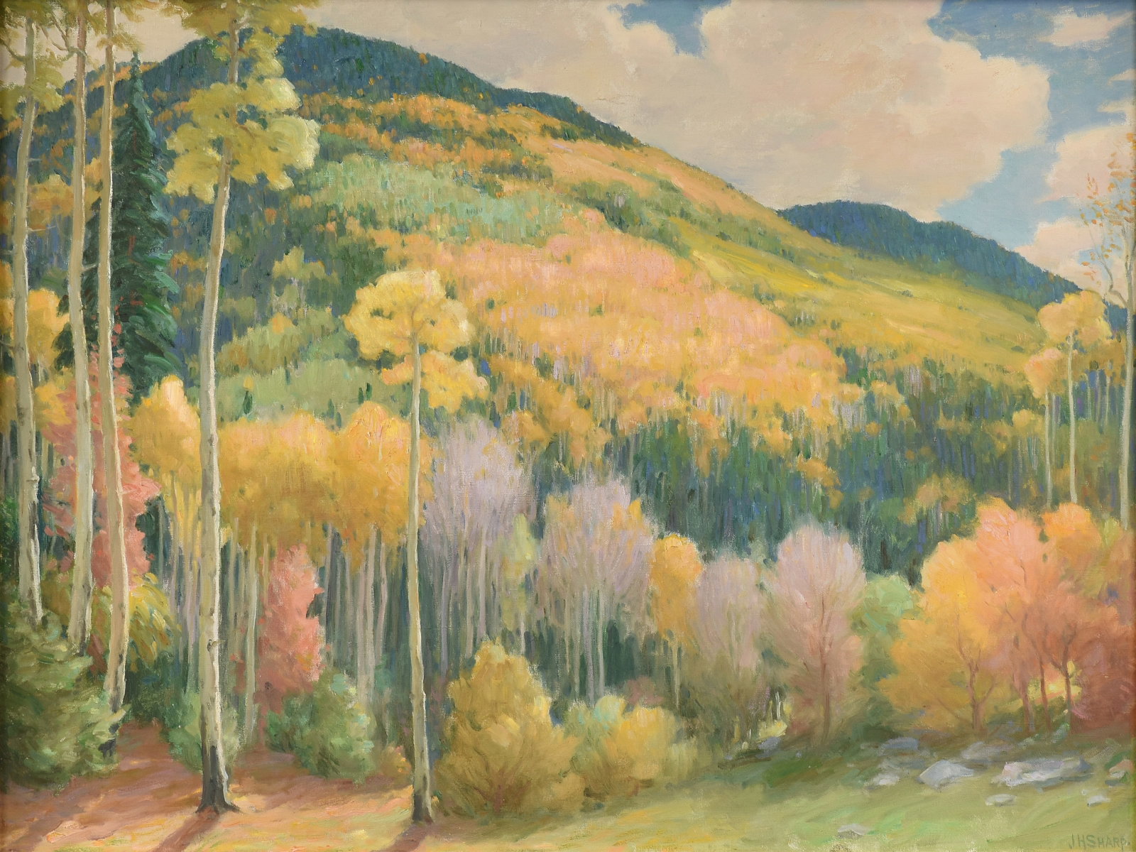 JOSEPH HENRY SHARP (American 1859-1953) Aspens Near Taos (Untitled), CIRCA 1940,: JOSEPH HENRY SHARP (American 1859-1953) Aspens Near Taos (Untitled), CIRCA 1940, oil on canvas, signed lower right, "JH Sharp." 30 1/4 x 40 1/4 in. (76.8 x 102.2 cm.), Frame: 35 1/2 x 45 1/2 in.