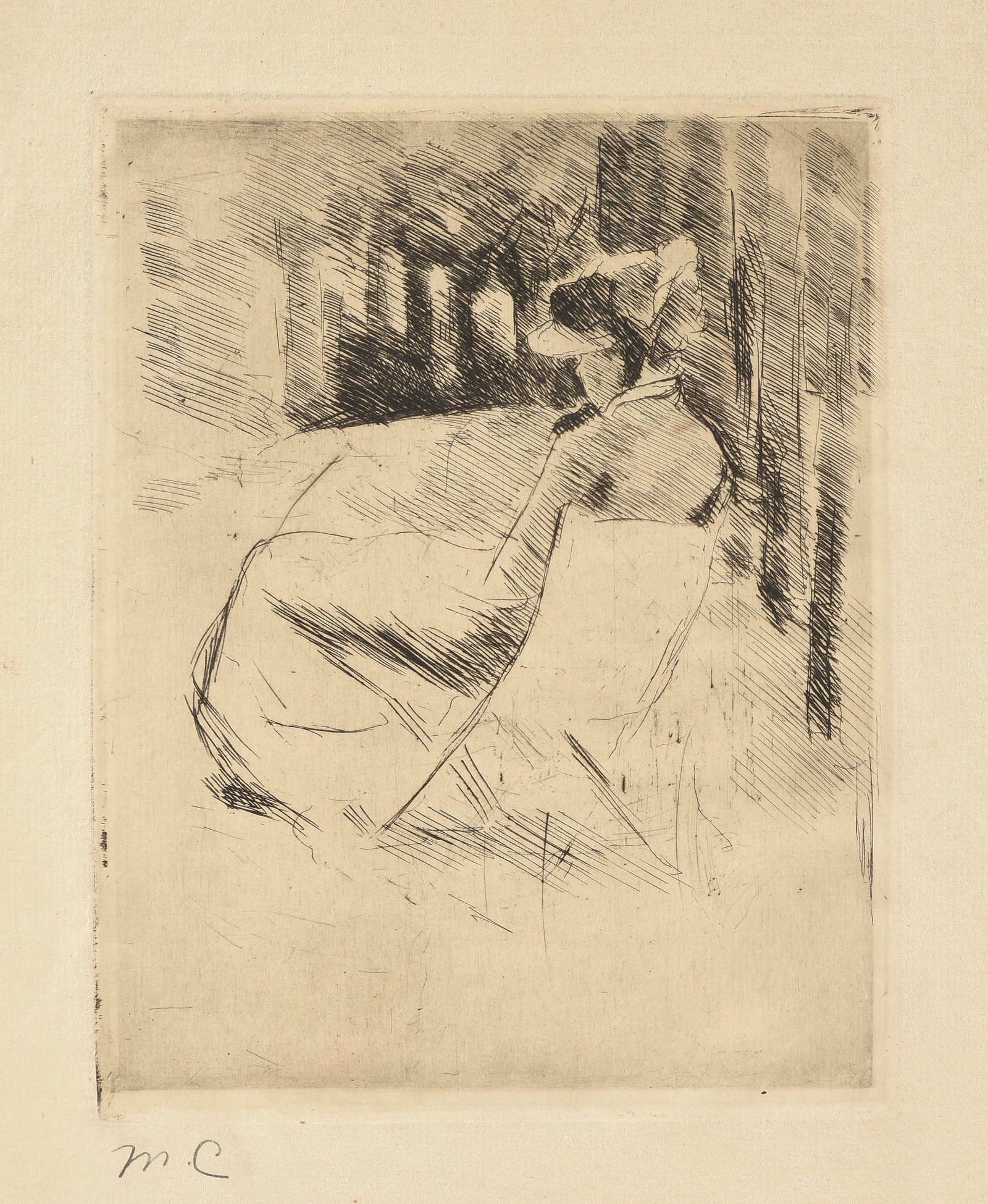 MARY CASSATT (American 1844-1926) The Folding Chair, CIRCA 1883,: MARY CASSATT (American 1844-1926) The Folding Chair, CIRCA 1883, etching on Van Gelder laid paper, initialed in pencil lower left, "M.C," Breeskin 53. Sheet: 14 1/8 x 10 7/8 in. (35.9 x 27.6 cm.),