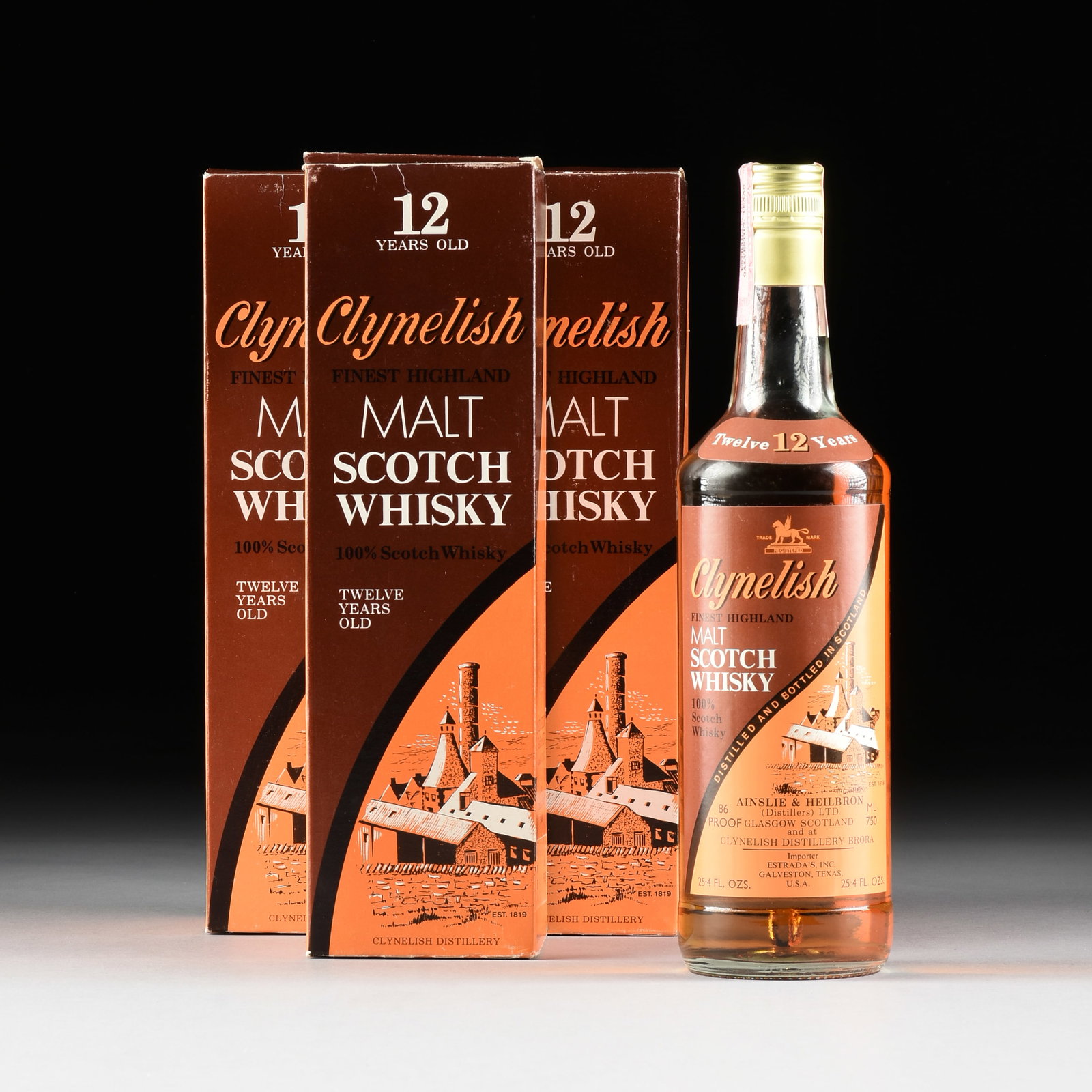 THREE BOTTLES OF CLYNELISH MALT SCOTCH WHISKY, SCOTTISH, CIRCA 1980,: THREE BOTTLES OF CLYNELISH MALT SCOTCH WHISKY, SCOTTISH, CIRCA 1980, three 750 ml bottles of Clynelish malt scotch whiskey from Clynelish, Scotland, aged twelve years, all in their original boxes. Box