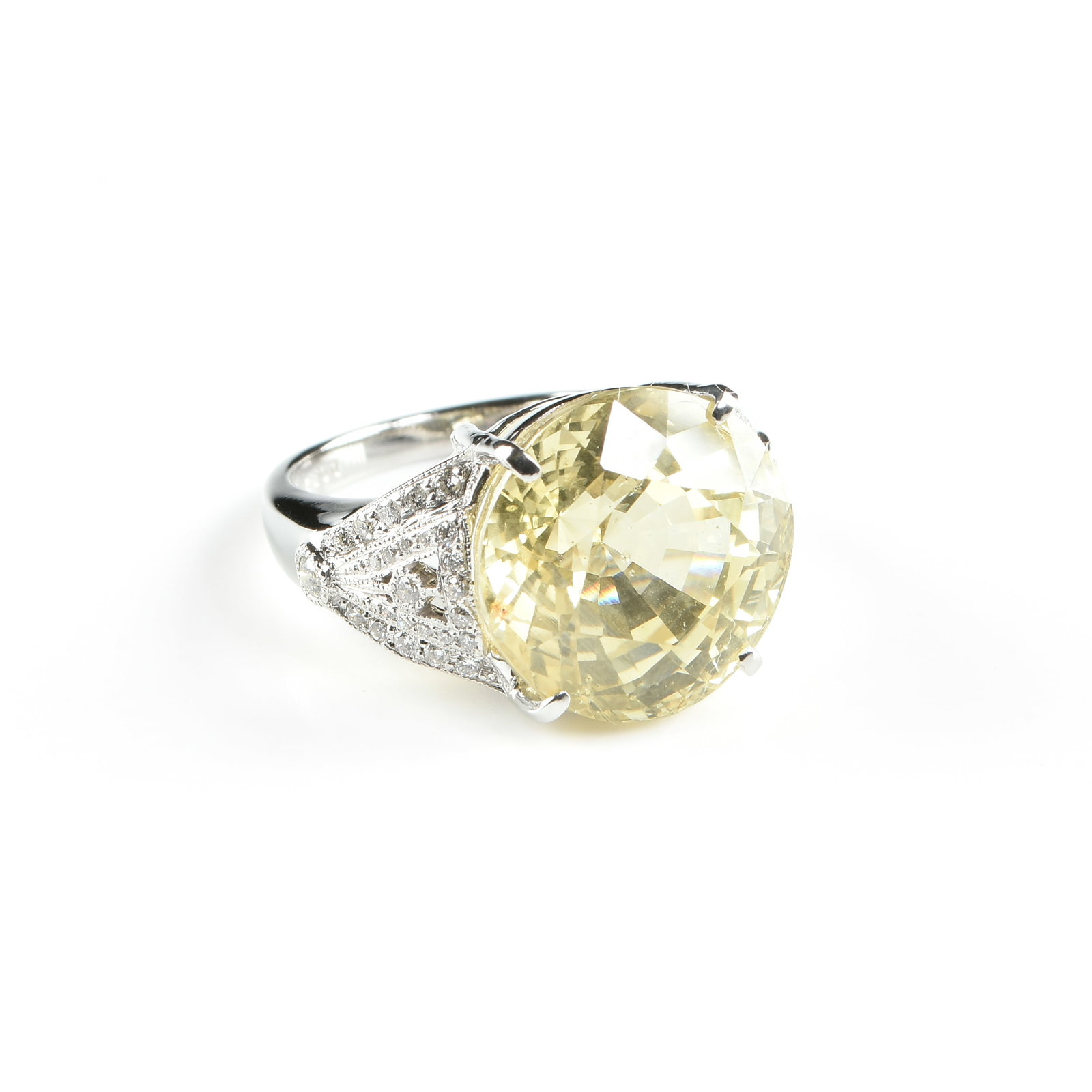 A PLATINUM, SRI LANKAN YELLOW SAPPHIRE, AND DIAMOND RING, (1 of 7)