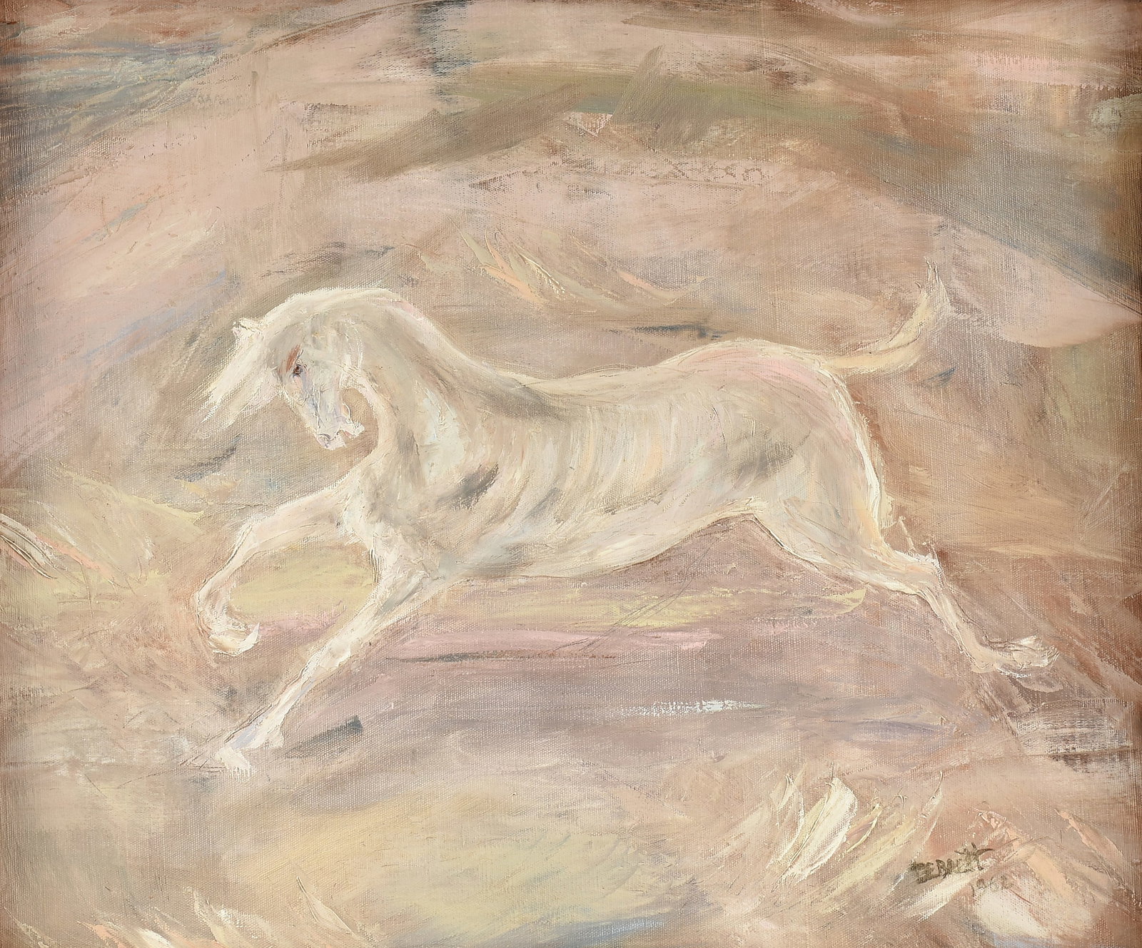 DOROTHY EUGENIE BRETT (British/American 1883–1977) Galloping White Horse (Untitled), 1962,: DOROTHY EUGENIE BRETT (British/American 1883–1977) Galloping White Horse (Untitled), 1962, oil on canvasboard, signed and dated lower right, "DE Brett / 1962." 20 x 24 in. (50.8 x 61 cm.), Frame