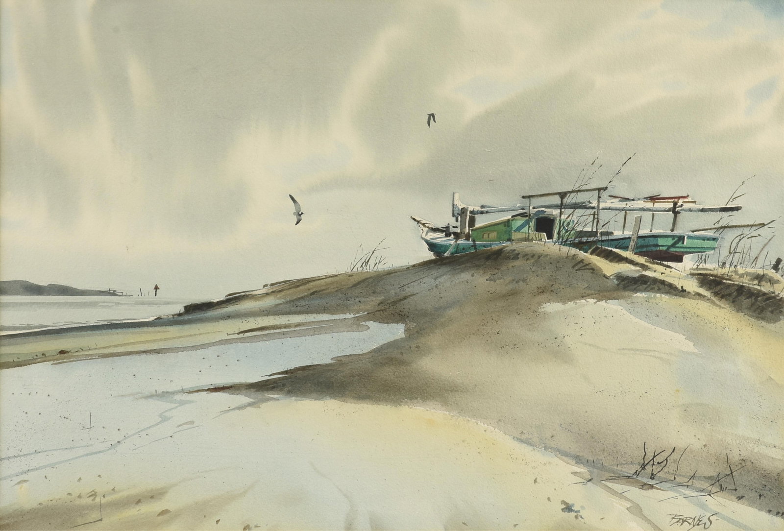 AL BARNES (American/Texas 1937-2015) Beached Boat (Untitled), CIRCA 1970,: AL BARNES (American/Texas 1937-2015) Beached Boat (Untitled), CIRCA 1970, watercolor on paper, signed lower right, "Barnes." 18 x 26 1/2 in. (45.7 x 67.3 cm.), Frame: 30 3/4 x 38 3/4 in. (78.1 x 98.4 