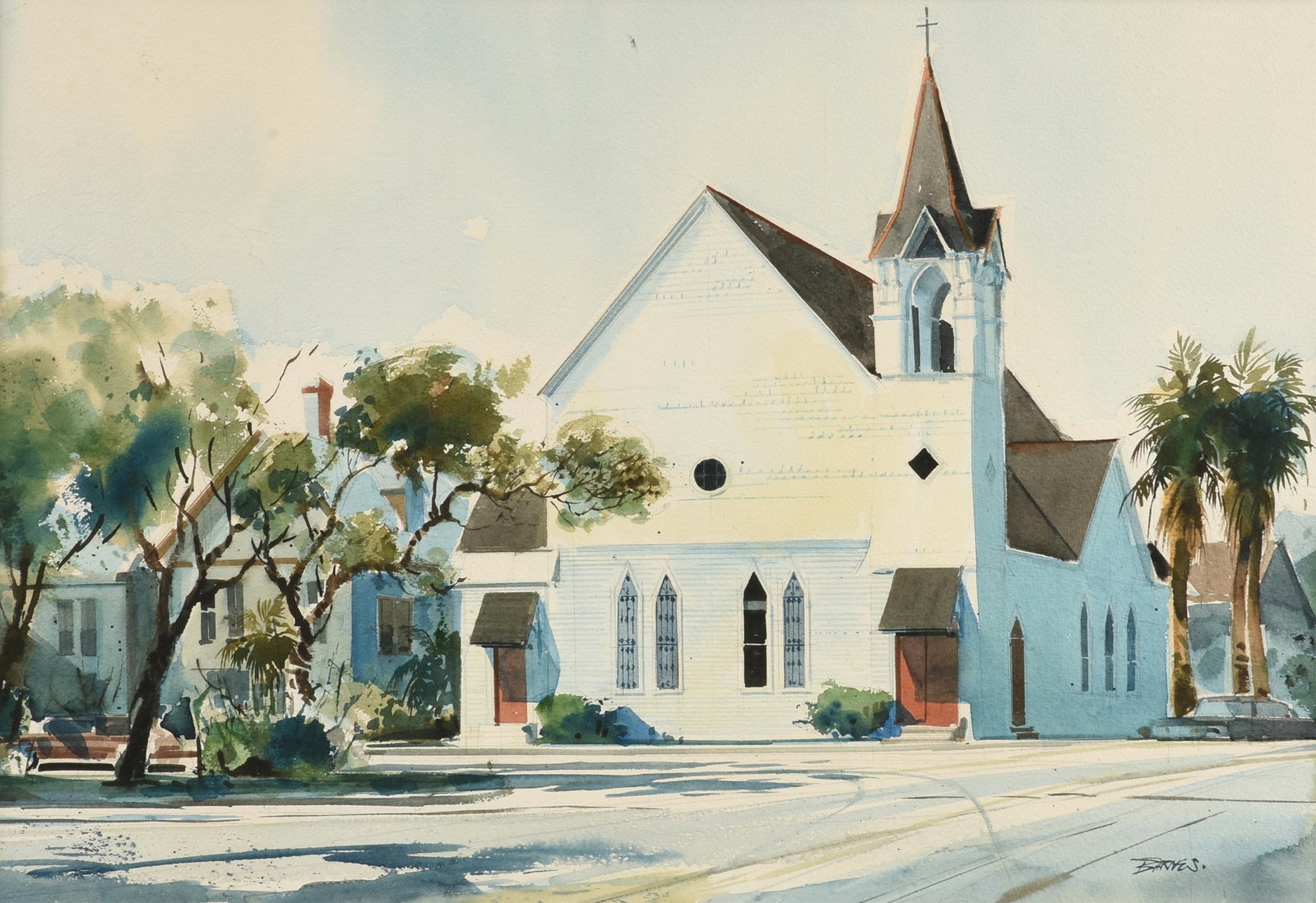 AL BARNES (American/Texas 1937-2015) Galveston Methodist Church, CIRCA 1970,: AL BARNES (American/Texas 1937-2015) Galveston Methodist Church, CIRCA 1970, watercolor on paper, signed lower right, "Barnes." 18 x 26 in. (45.7 x 66 cm.), Frame: 26 1/2 x 34 1/4 in. (67.3 x 87 cm.) 