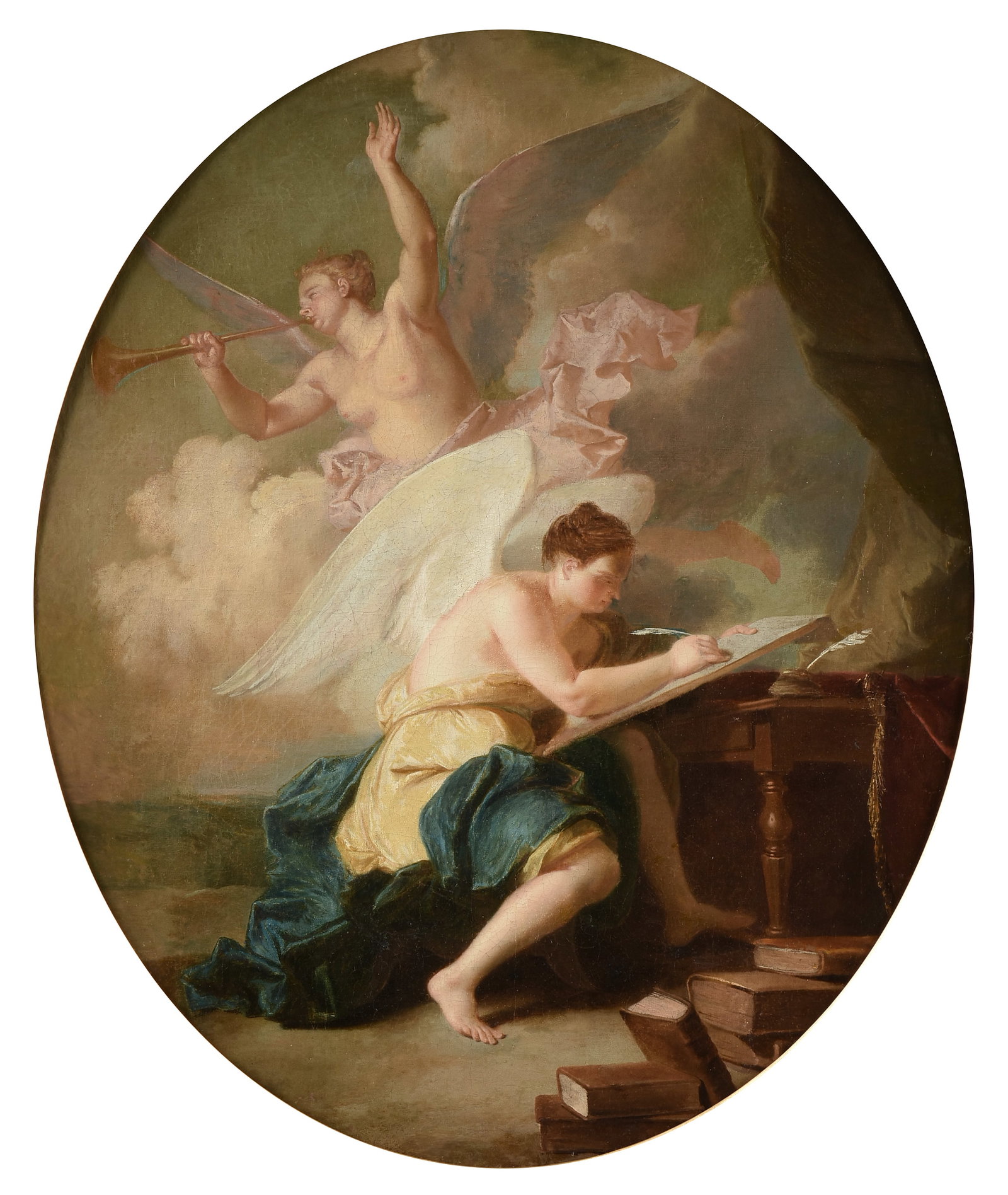 attributed to LUCAS AUGER (French 1685-1765) La Renommée et l'Inspiration, 18TH CENTURY,: attributed to LUCAS AUGER (French 1685-1765) La Renommée et l'Inspiration, 18TH CENTURY, oil on canvas. 36 1/2 x 29 1/2 in. (92.7 x 74.9 cm.), Frame: 45 1/2 x 39 in. (115.6 x 99.1 cm.) Provenance