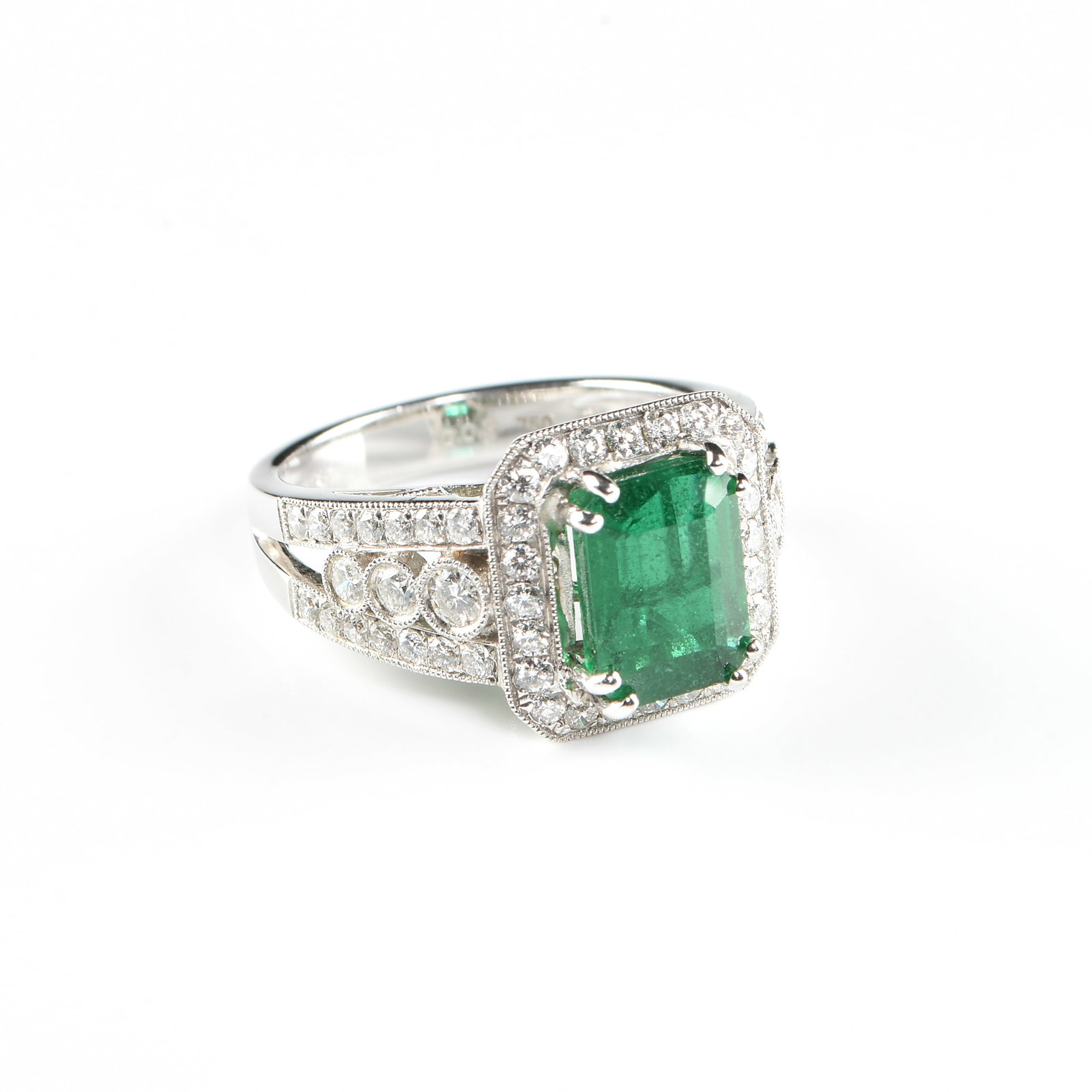 AN 18K GOLD, EMERALD, AND DIAMOND HALO RING, (1 of 8)