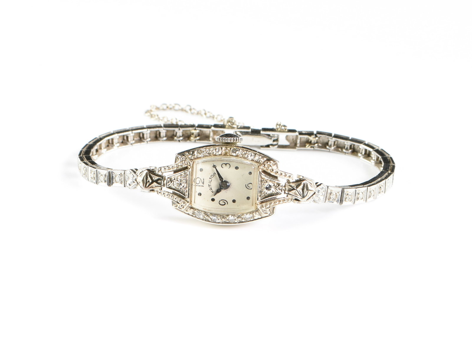 A HAMILTON PLATINUM AND DIAMOND WATCH, (1 of 2)