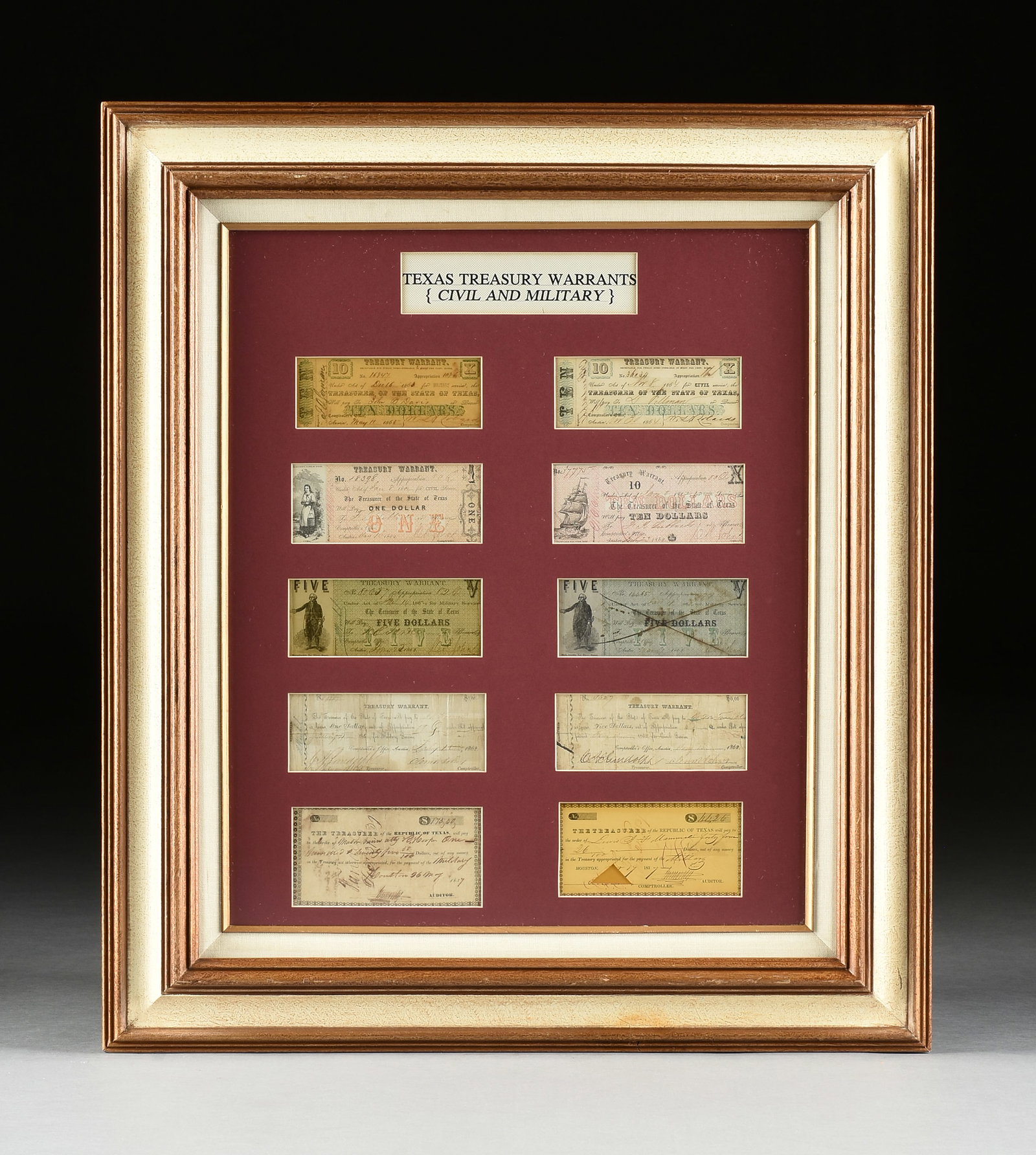 TEN TEXAS REPUBLIC AND AMERICAN CIVIL WAR TREASURY WARRANTS, AUSTIN AND HOUSTON, 1837-1864, (1 of 6)
