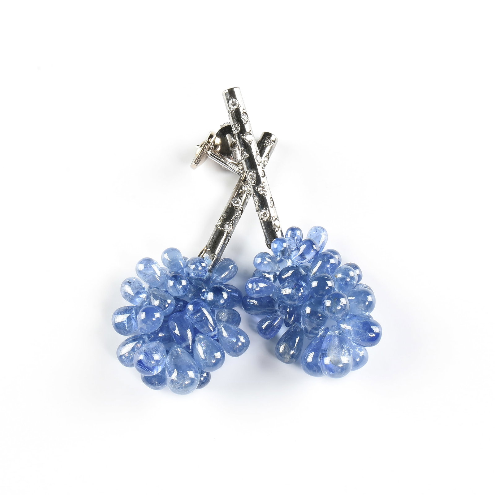 A PAIR OF 18K GOLD, DIAMOND, AND SAPPHIRE EARRINGS, FRENCH,: A PAIR OF 18K GOLD, DIAMOND, AND SAPPHIRE EARRINGS, FRENCH, 18k white gold earrings, with vertical white gold posts set with melee diamonds from which descends a cluster of strung natural sapphires, w