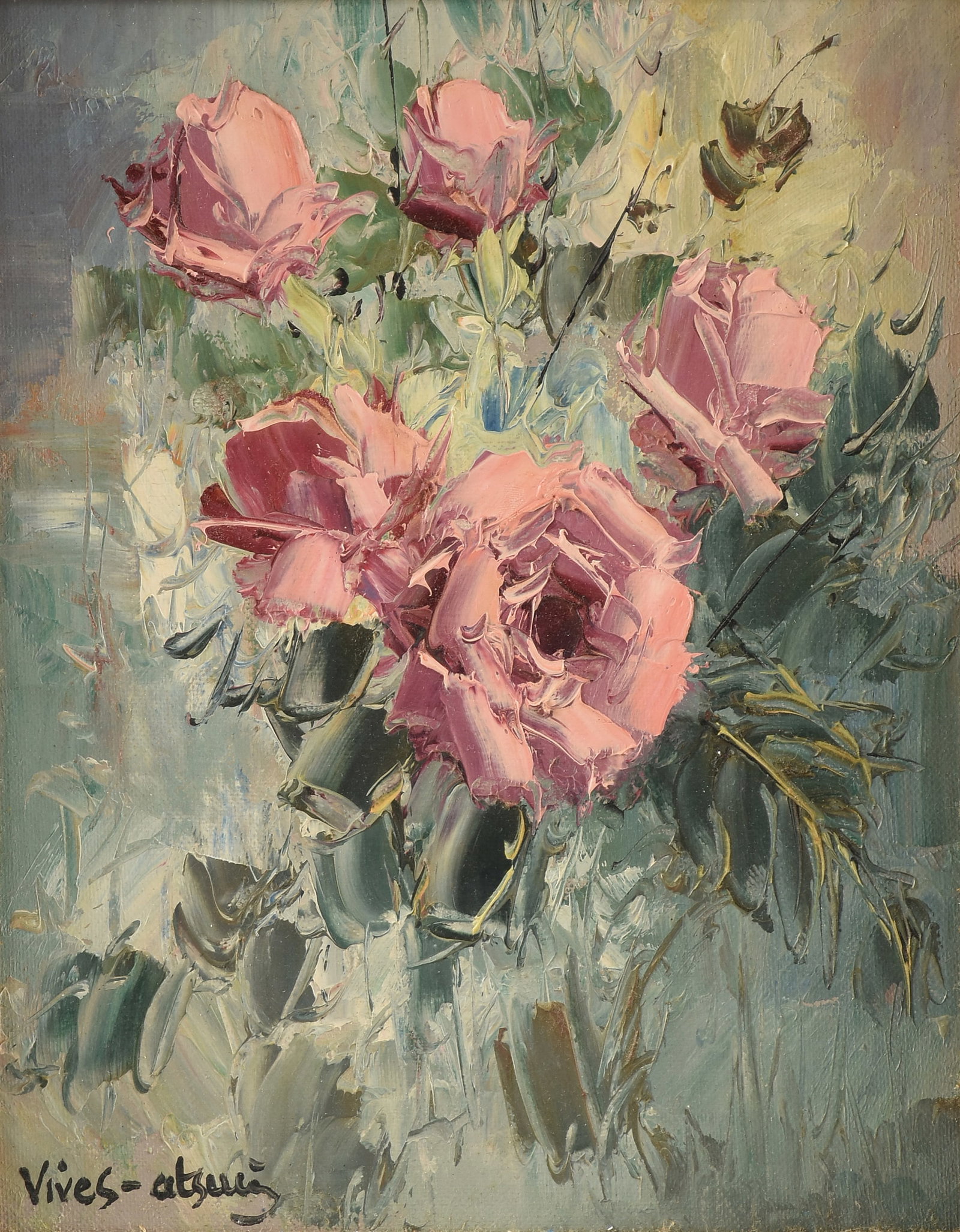 JOSE VIVES-ATSARA (Spanish/American/Texas 1919-2004) Roses, 1971,: JOSE VIVES-ATSARA (Spanish/American/Texas 1919-2004) Roses, 1971, oil on board, signed lower left, "Vives-atsara," together with a book about the artist. 10 x 8 in. (25.4 x 20.3 cm.), Frame: 17 x 15 i