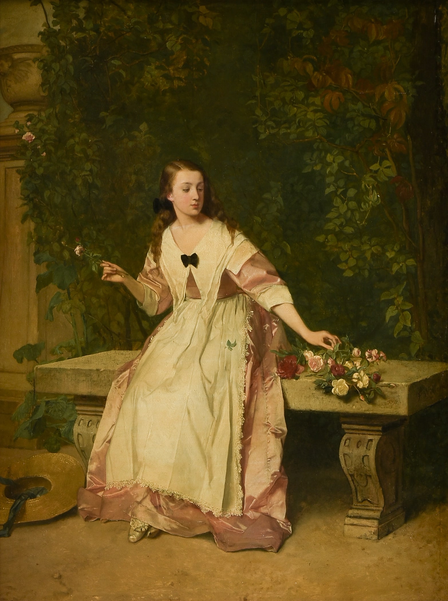 FLORENT WILLEMS (Belgian 1823-1905) Young Woman in a Garden, 19TH CENTURY,: FLORENT WILLEMS (Belgian 1823-1905) Young Woman in a Garden, 19TH CENTURY, oil on panel, signed lower right on bench, "F. Willems," with the mark for Durand Ruel Gallery, Paris on the back. 28 x 22 in