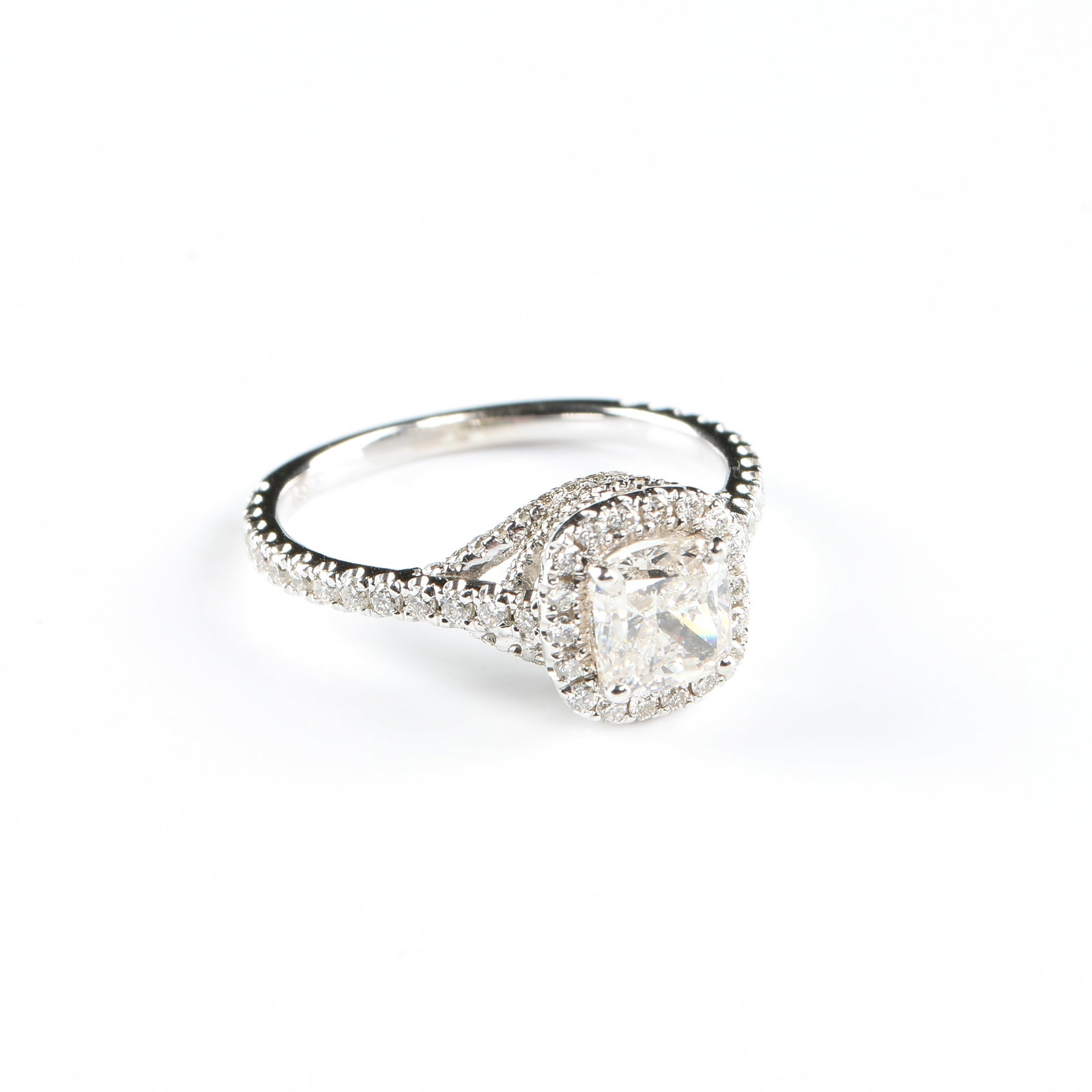 A 14K GOLD SQUARE CUSHION CUT DIAMOND HALO RING, (1 of 4)