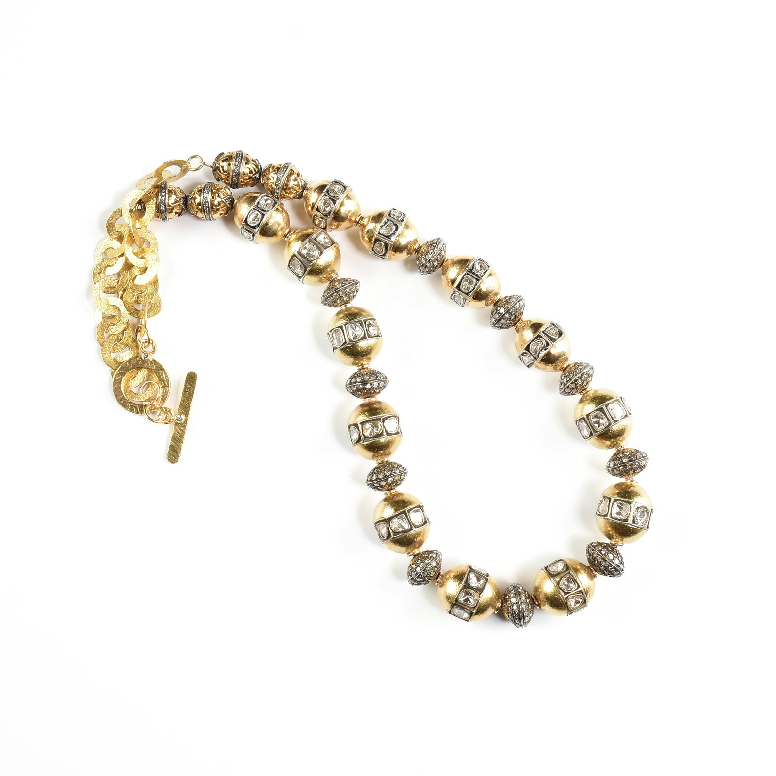 A SILVER GILT AND DIAMOND BEADED NECKLACE, INDIAN, (1 of 2)