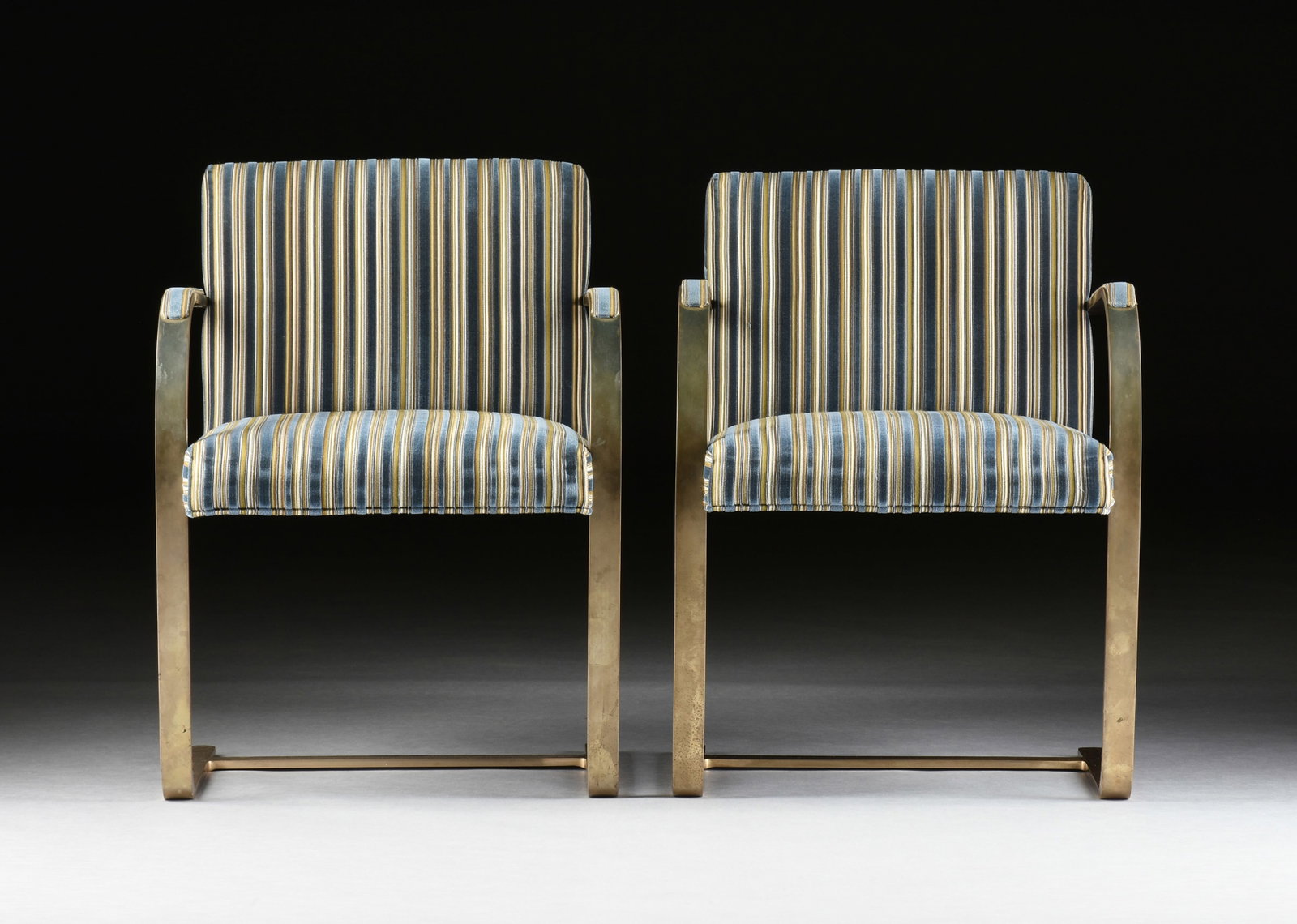 LUDWIG MIES VAN DER ROHE (German/American 1886-1969) EIGHT KNOLL BRNO FLAT BAR CHAIRS, CIRCA 1970,: LUDWIG MIES VAN DER ROHE (German/American 1886-1969) EIGHT KNOLL BRNO FLAT BAR CHAIRS, CIRCA 1970, eight steel armchairs with blue, green, and white striped upholstery. Each: 32 x 23 x 20 in. (81.3 x 