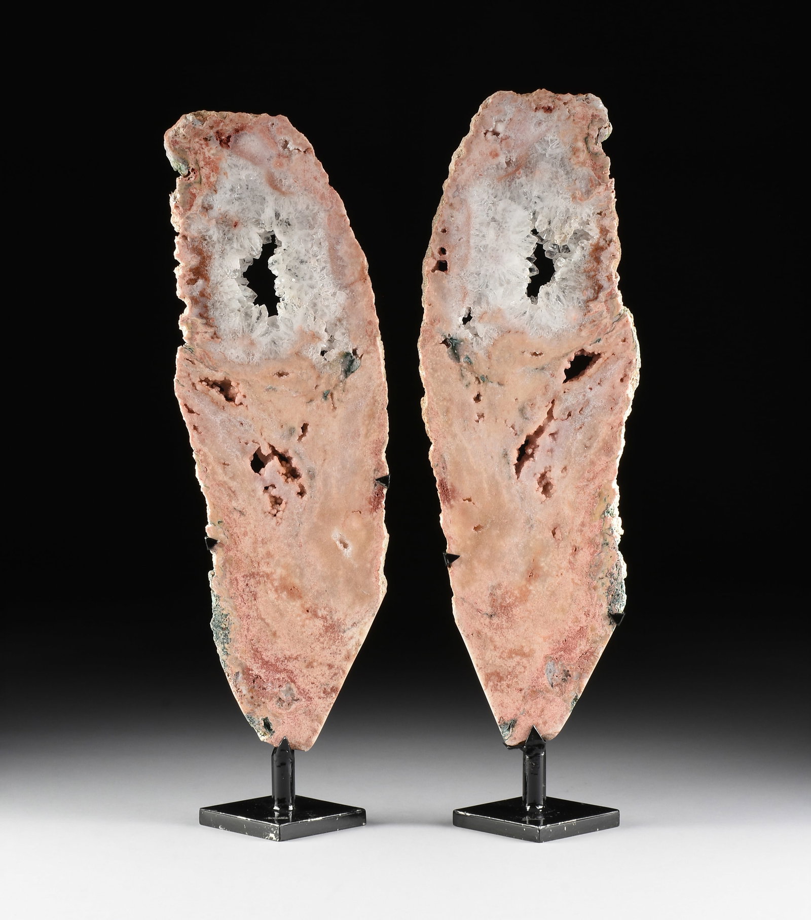 A PAIR OF SLICED PINK AMETHYST AND QUARTZ SPECIMENS, BRAZIL, (1 of 2)