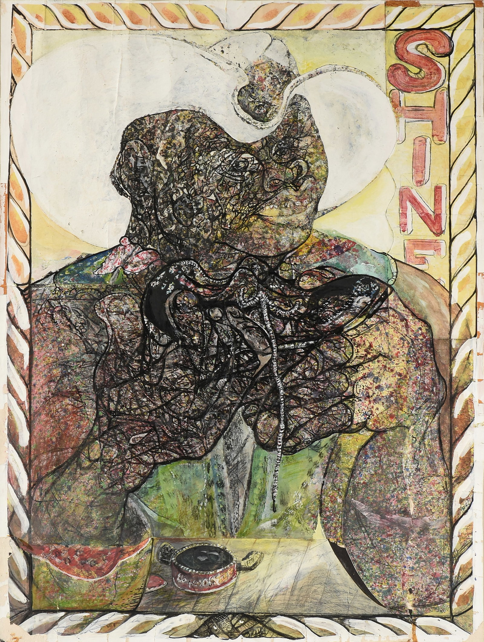 JESSE LOTT (American/Texas 1943-2023) Shine, CIRCA 1977,: JESSE LOTT (American/Texas 1943-2023) Shine, CIRCA 1977, watercolor and acrylic with collage on rag paper, with a label on reverse from Robinson Galleries, Houston Texas. 40 x 30 1/2 in. (101.6 x 77.5