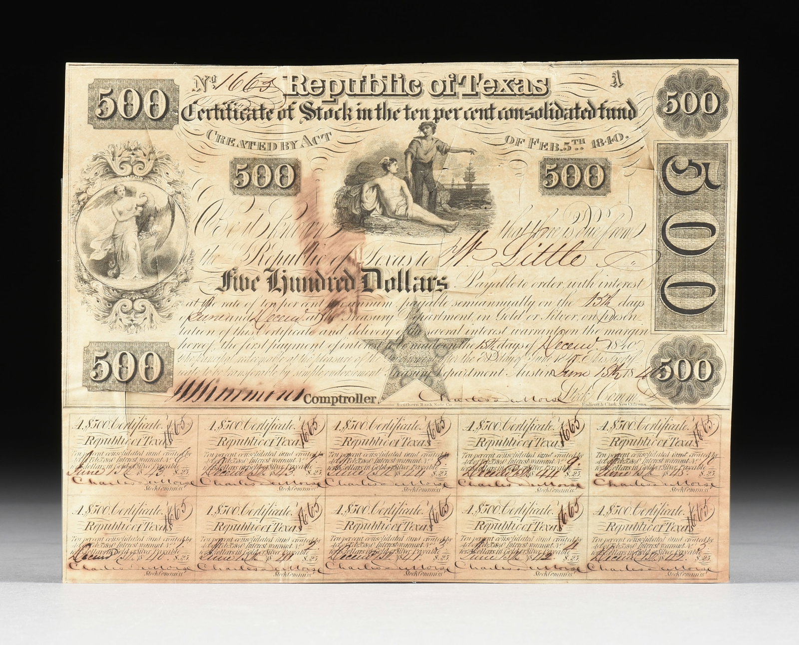 A REPUBLIC OF TEXAS $500 CERTIFICATE OF STOCK IN CONSOLIDATED FUND, AUSTIN, JUNE 15, 1840,: A REPUBLIC OF TEXAS $500 CERTIFICATE OF STOCK IN CONSOLIDATED FUND, AUSTIN, JUNE 15, 1840, ink engraving and manuscript on thin banknote paper, "Created by Act of Feb. 5th, 1840," made out to W. Littl