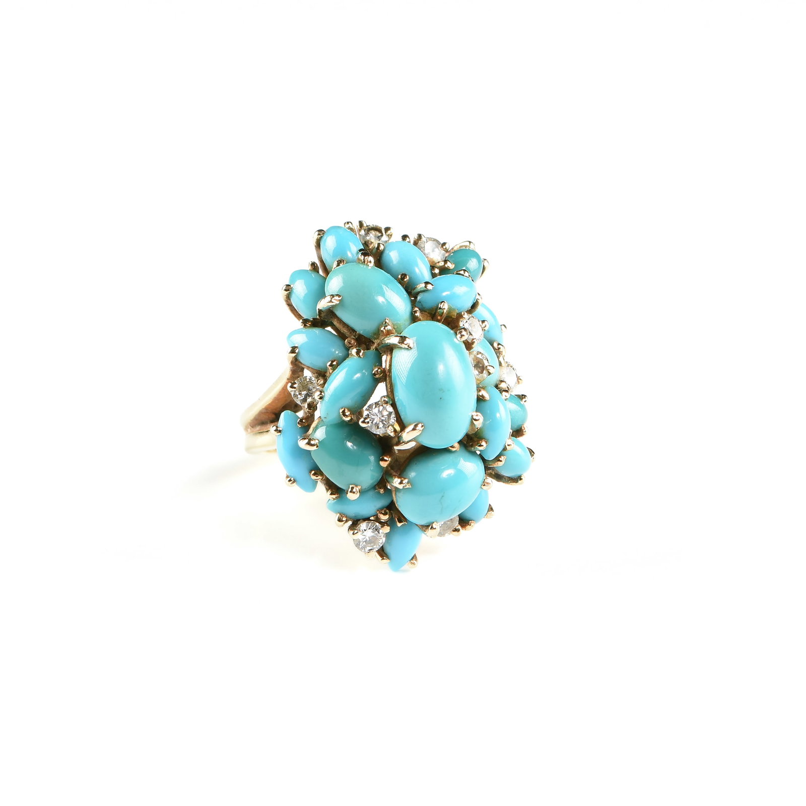 AN 18K GOLD, TURQUOISE, AND DIAMOND CLUSTER RING, CIRCA 1975,: AN 18K GOLD, TURQUOISE, AND DIAMOND CLUSTER RING, CIRCA 1975, 18k yellow gold ring set with twenty Persian turquoise cabochons (largest approx. 6 x 10 mm) and nine melee diamonds (approx 2 - 2.5 mm) t