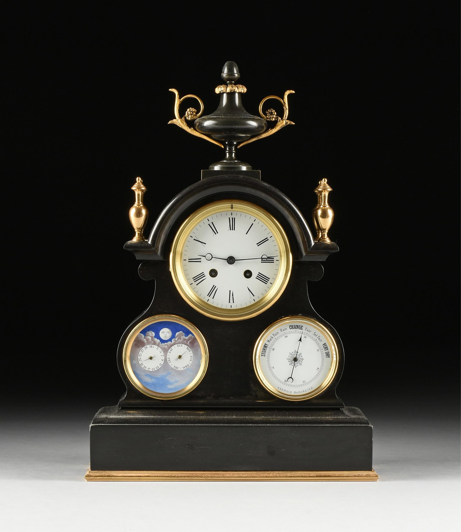 A REVIVAL STYLE TRIPLE DIAL MANTEL CLOCK, FRENCH, LATE 19TH CENTURY, (1 of 10)