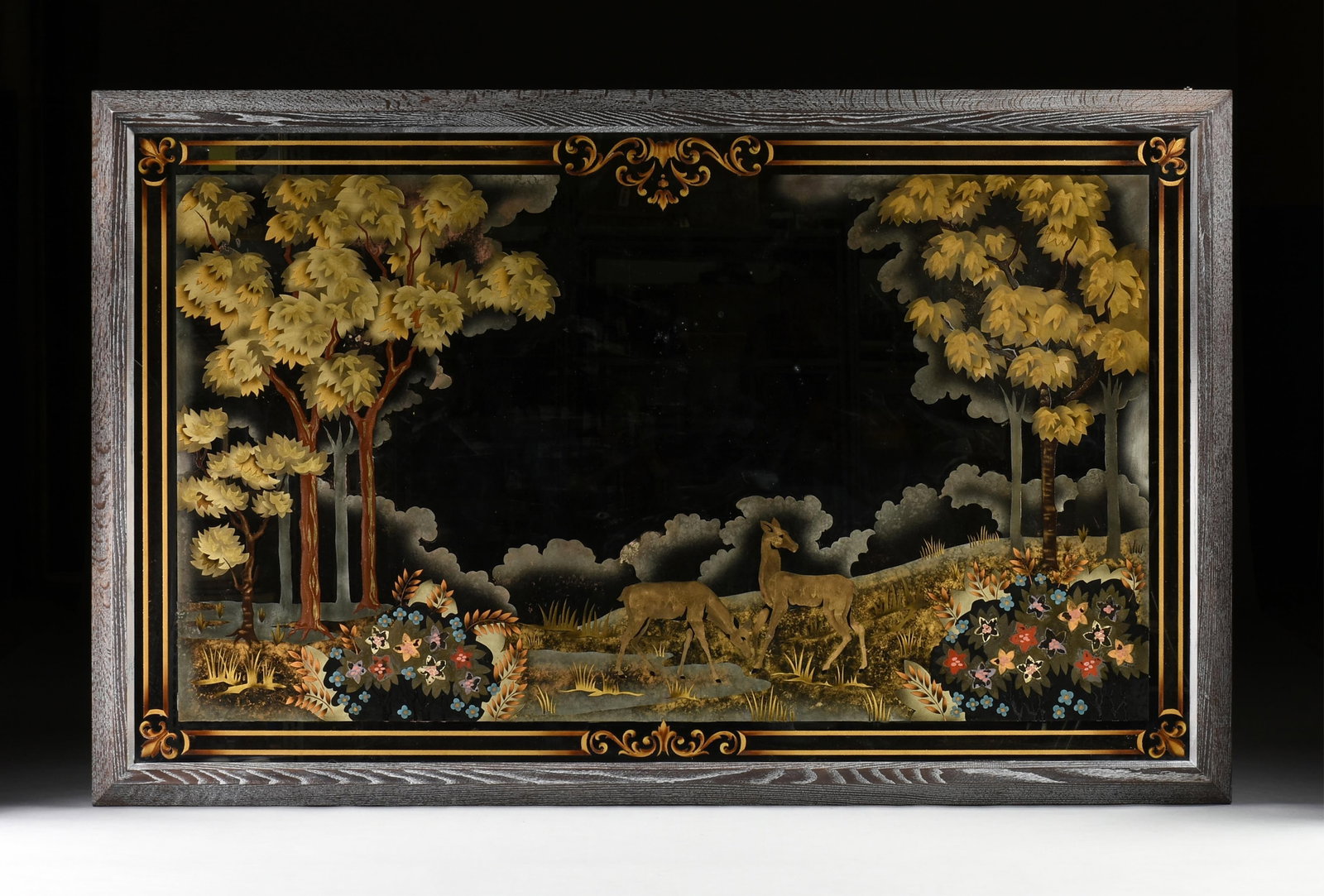 AN ART DECO STYLE GILT AND REVERSE PAINTED MIRROR, CIRCA 1950, (1 of 4)