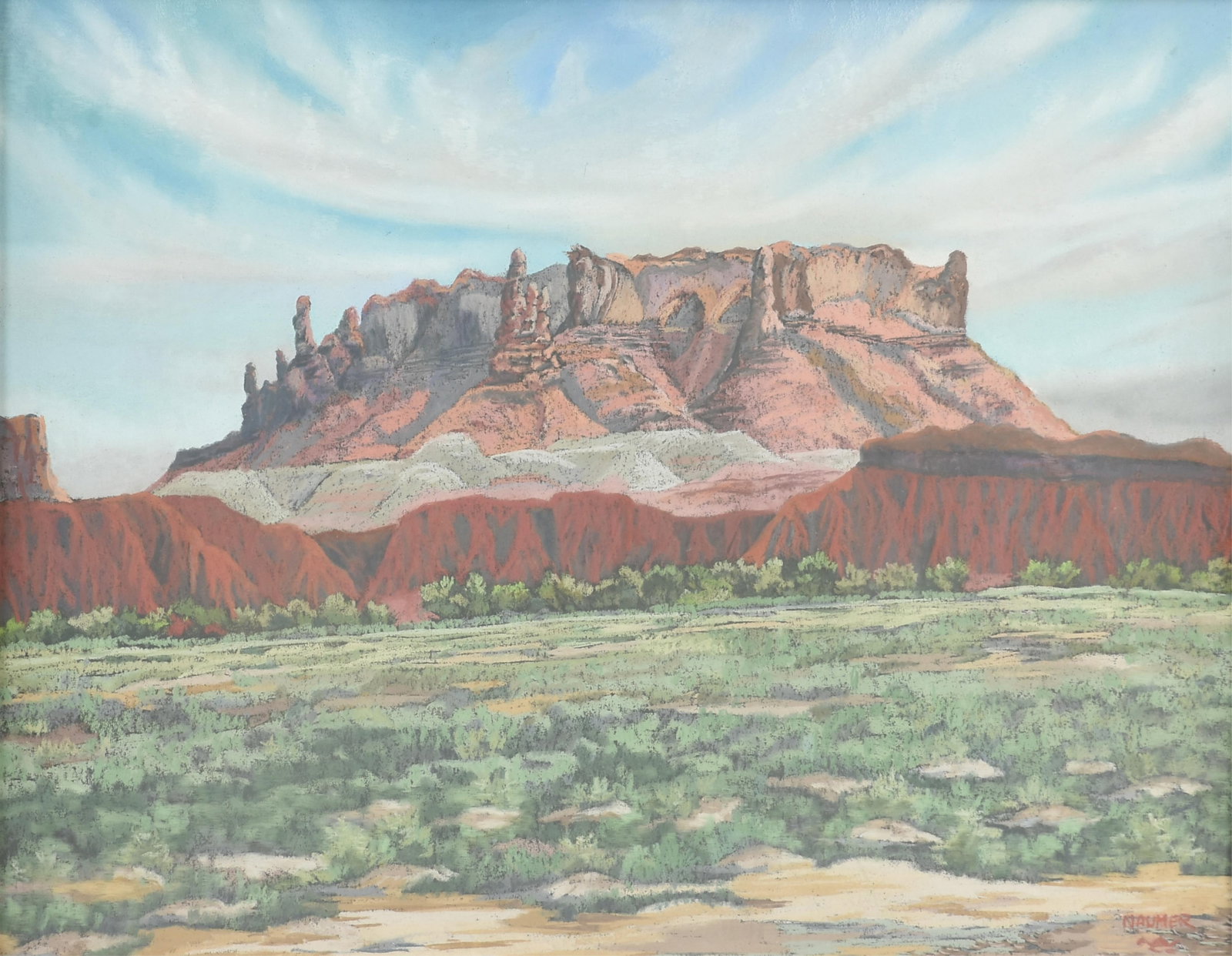 HELMUTH NAUMER (American 1907-1990), Mesa, New Mexico (Untitled), 1970,: HELMUTH NAUMER (American 1907-1990), Mesa, New Mexico (Untitled), 1970, pastel on paper, signed lower right, "NAUMER." Sight: 21 1/2 x 27 1/2 in. (54.6 x 69.9 cm.), Frame: 30 x 36 in. (76.2 x 91.4 cm.