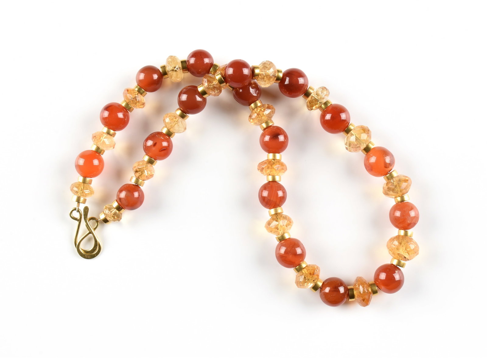 18K GOLD, CARNELIAN, AND CITRINE BEADED NECKLACE,: 18K GOLD, CARNELIAN, AND CITRINE BEADED NECKLACE, 18k yellow gold beaded necklace strung with round carnelian, faceted citrine, and gold rondelle beads, with a fish hook clasp, marked on clasp, "18k."